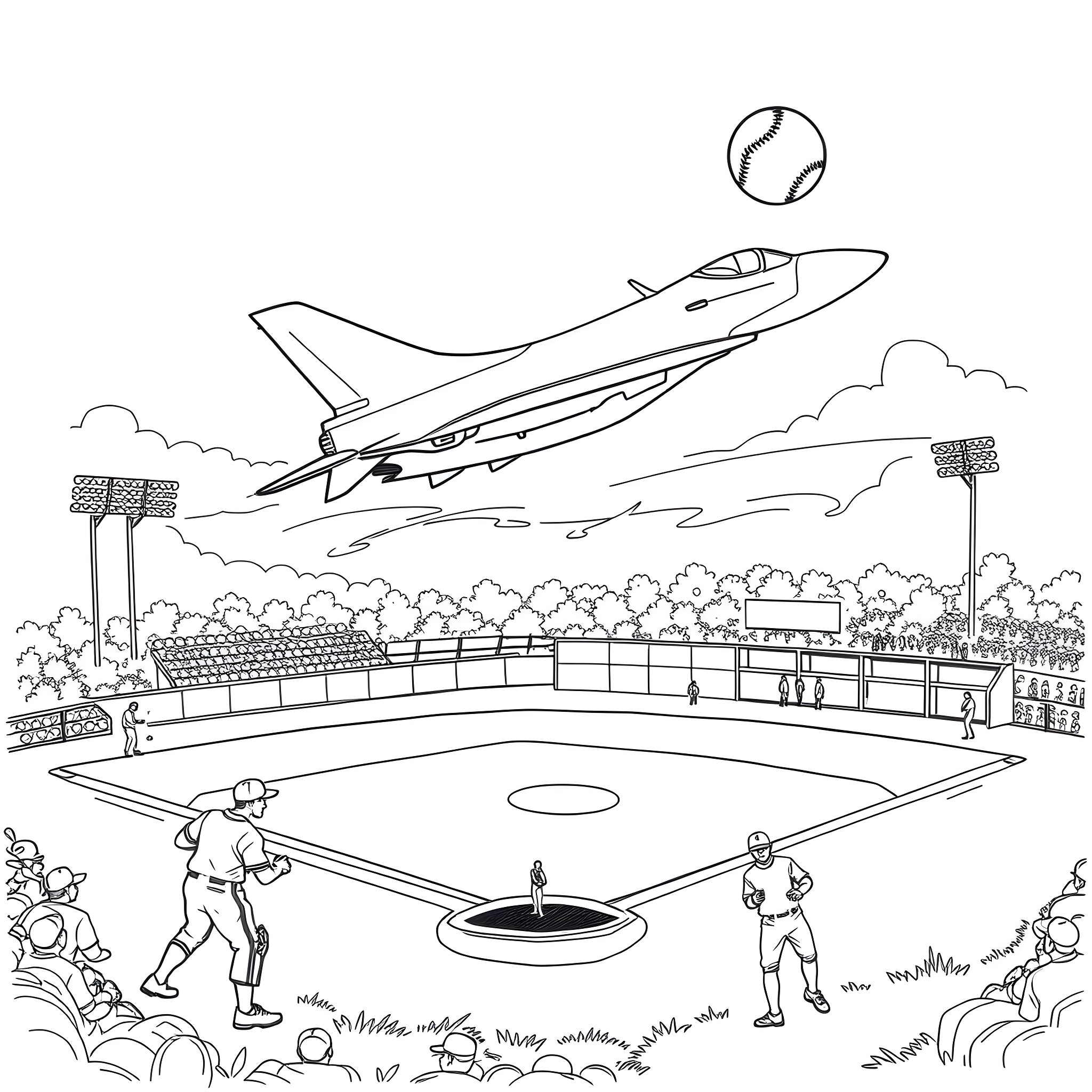 Jet soaring over baseball diamond with fans Coloring Page (free black-and-white line drawing printable PDF for all, from beginners to advanced learners, including children, teens, adults, and seniors)
