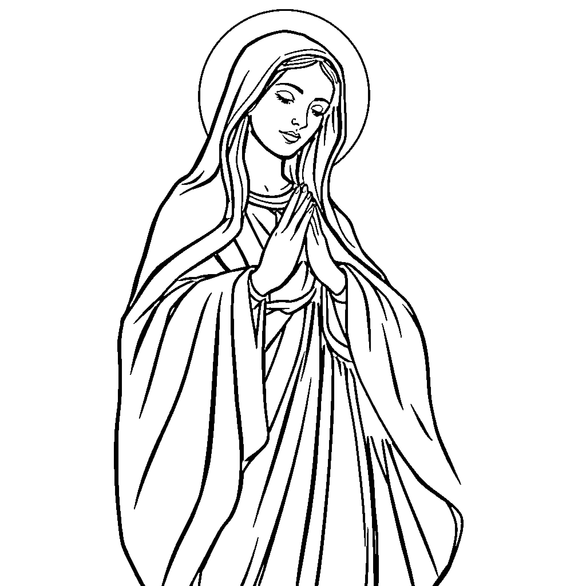 Virgin Mary in prayerful devotion Coloring Page (free black-and-white line drawing printable PDF for all, from beginners to advanced learners, including children, teens, adults, and seniors)