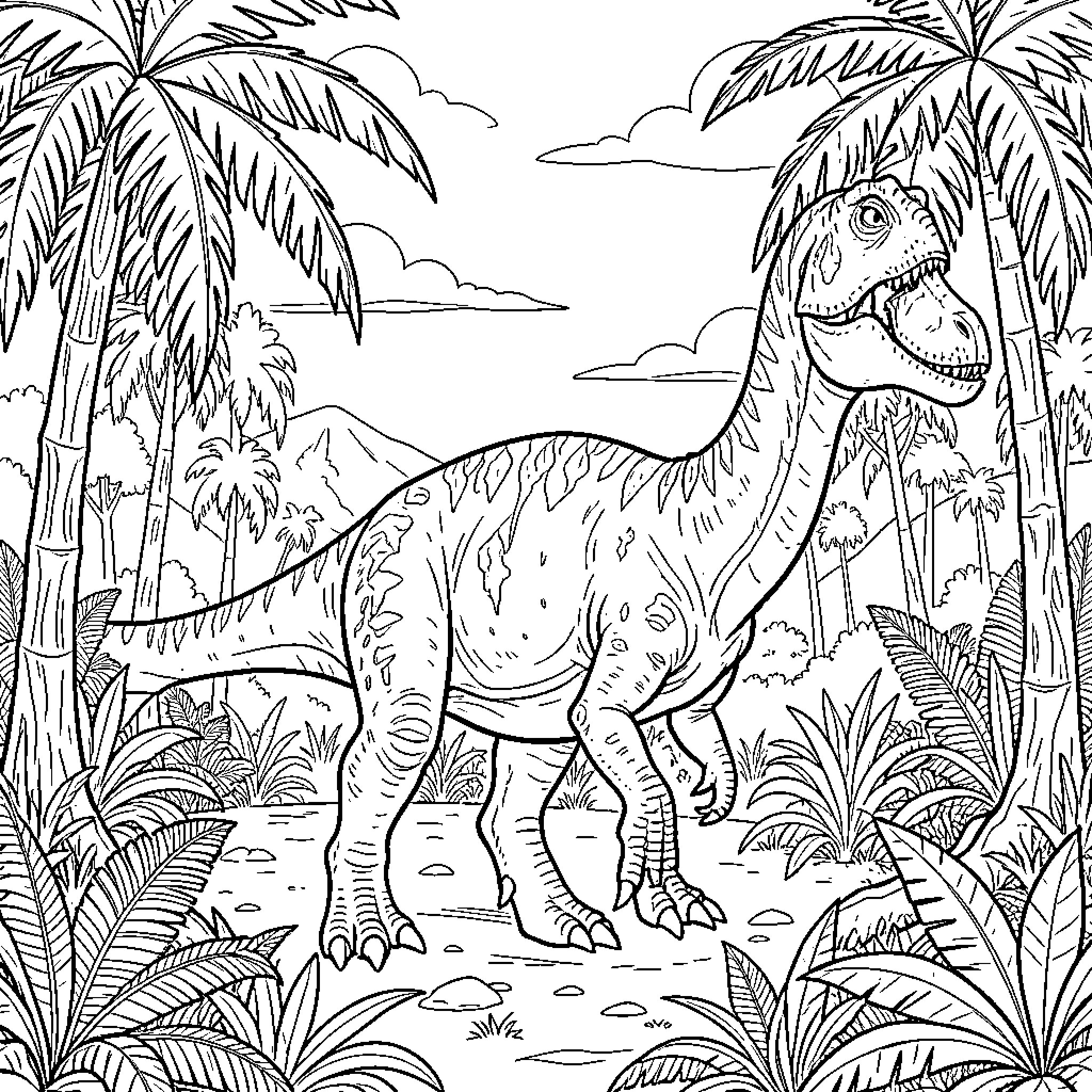 Dinosaur walking through a lush tropical jungle Coloring Page (free black-and-white line drawing printable PDF for all, from beginners to advanced learners, including children, teens, adults, and seniors)