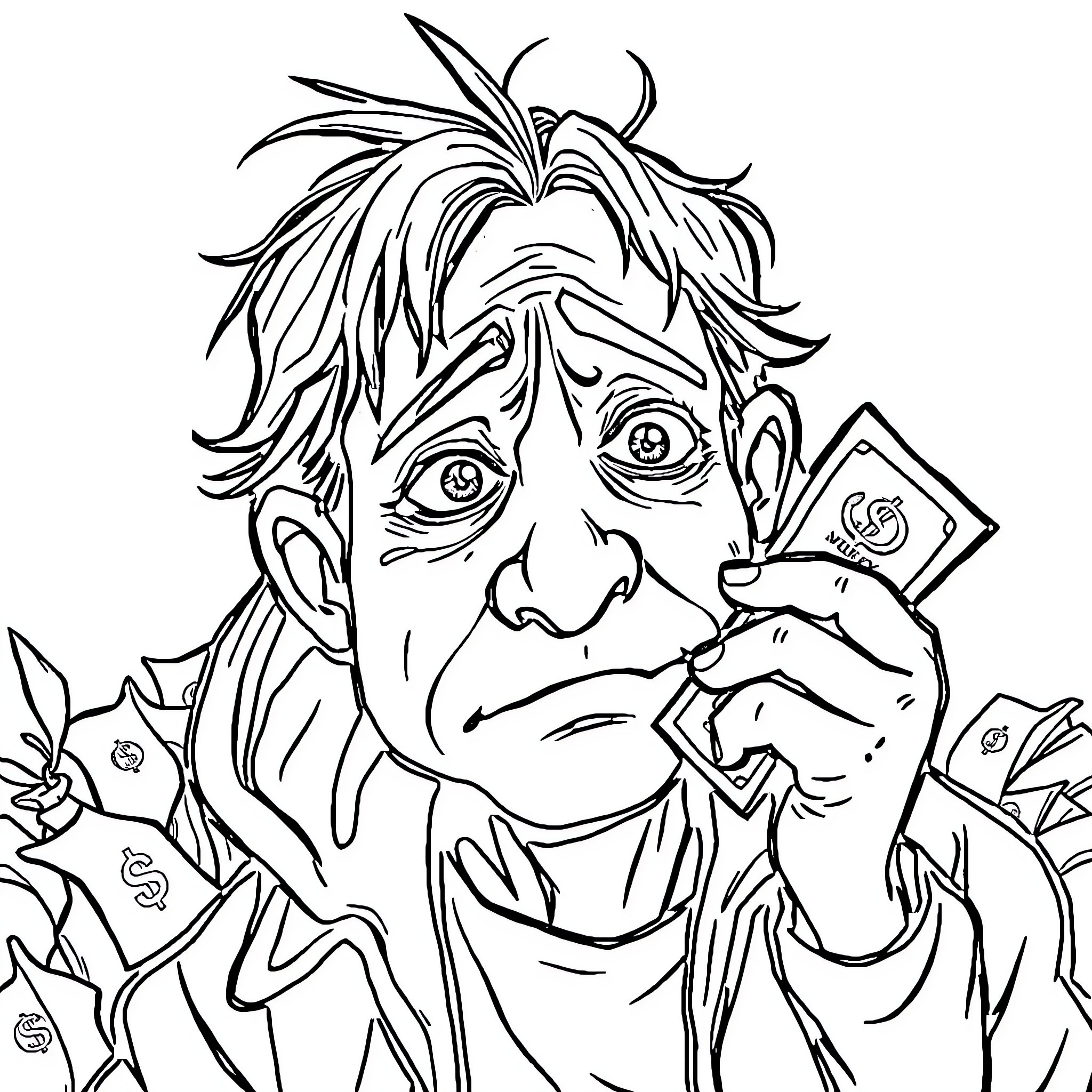 Person with unusual facial expression holding money Coloring Page (free black-and-white line drawing printable PDF for all, from beginners to advanced learners, including children, teens, adults, and seniors)