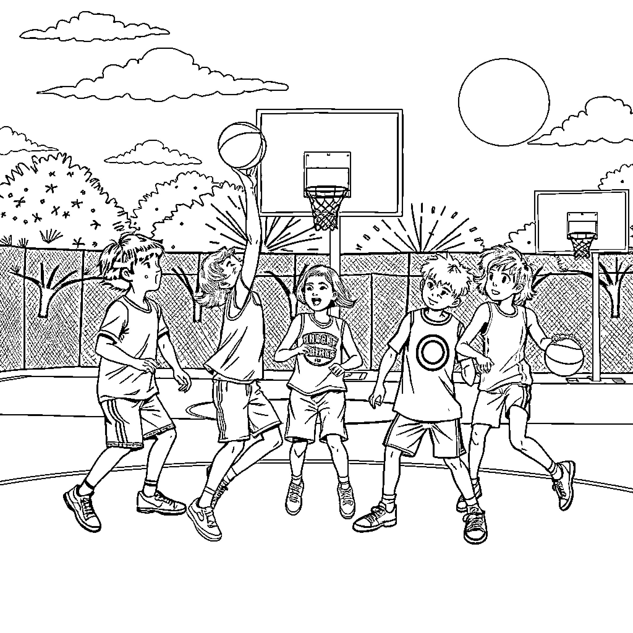 Stranger Things: Teens Playing Basketball in the Park Coloring Page (free black-and-white line drawing printable PDF for all, from beginners to advanced learners, including children, teens, adults, and seniors)