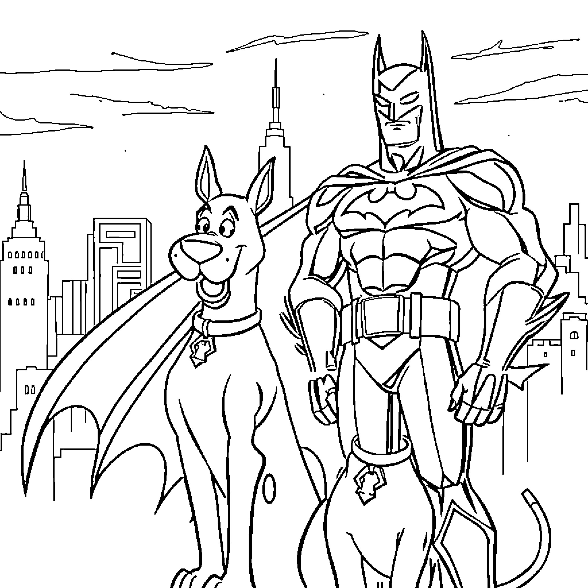 Batman and dog sidekick explore city skyline Coloring Page (free black-and-white line drawing printable PDF for all, from beginners to advanced learners, including children, teens, adults, and seniors)