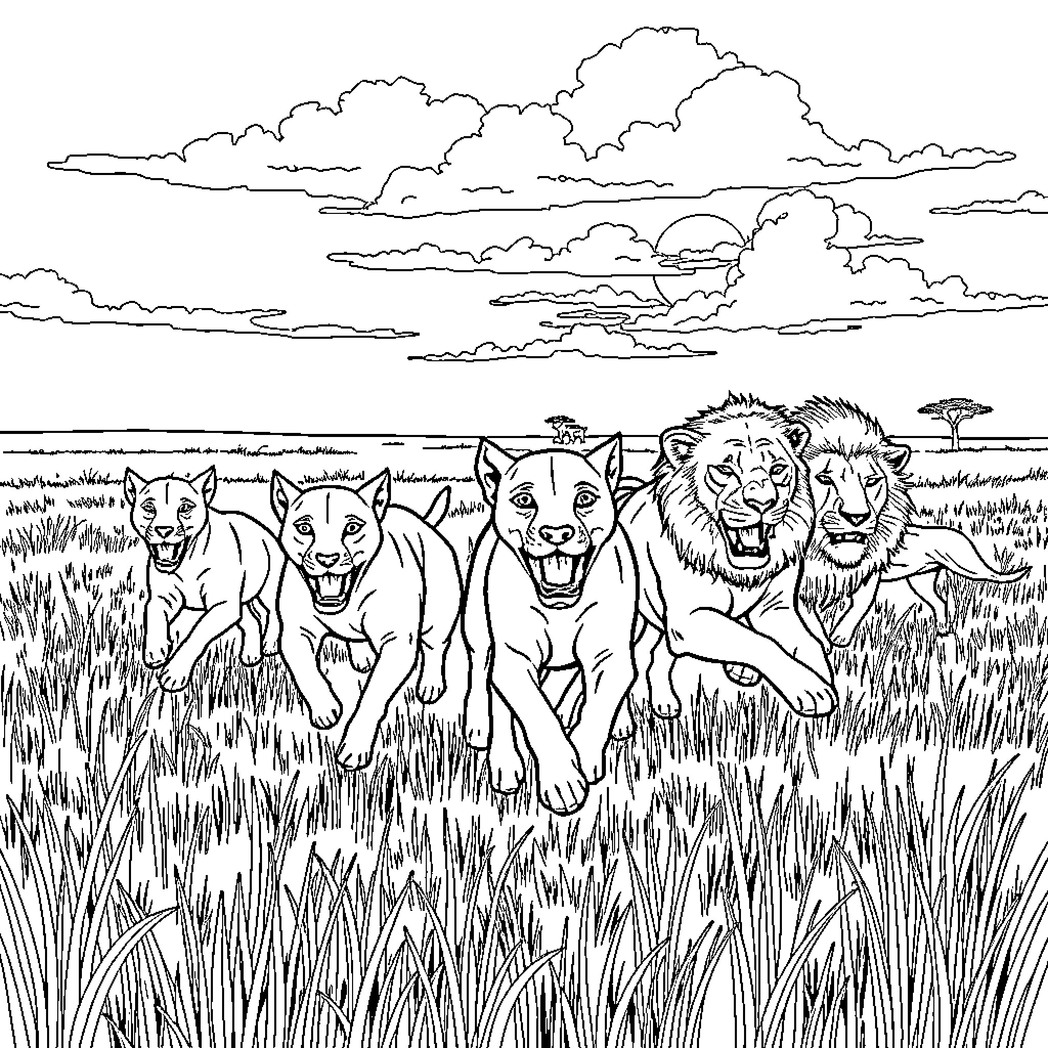 Dog pack running through the African savanna Coloring Page (free black-and-white line drawing printable PDF for all, from beginners to advanced learners, including children, teens, adults, and seniors)
