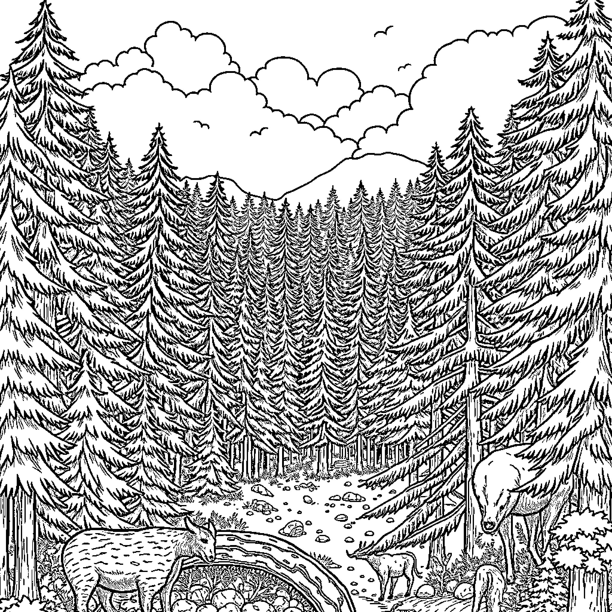 Forest filled with wildlife and trees Coloring Page (free black-and-white line drawing printable PDF for all, from beginners to advanced learners, including children, teens, adults, and seniors)