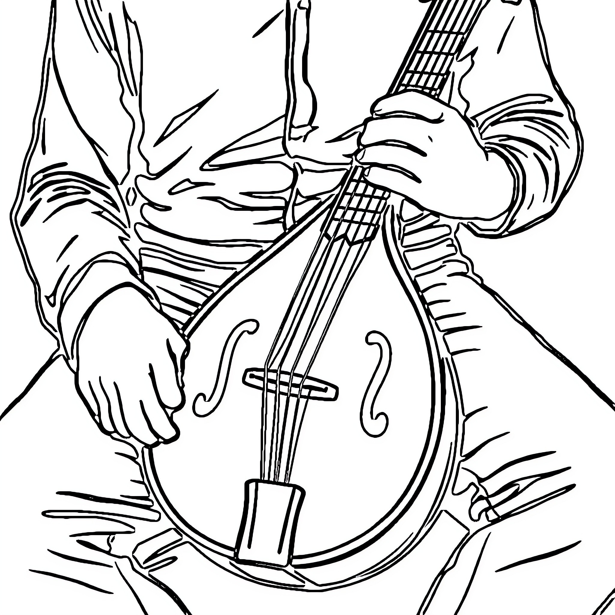 Mandola player's hands in action Coloring Page (free black-and-white line drawing printable PDF for all, from beginners to advanced learners, including children, teens, adults, and seniors)