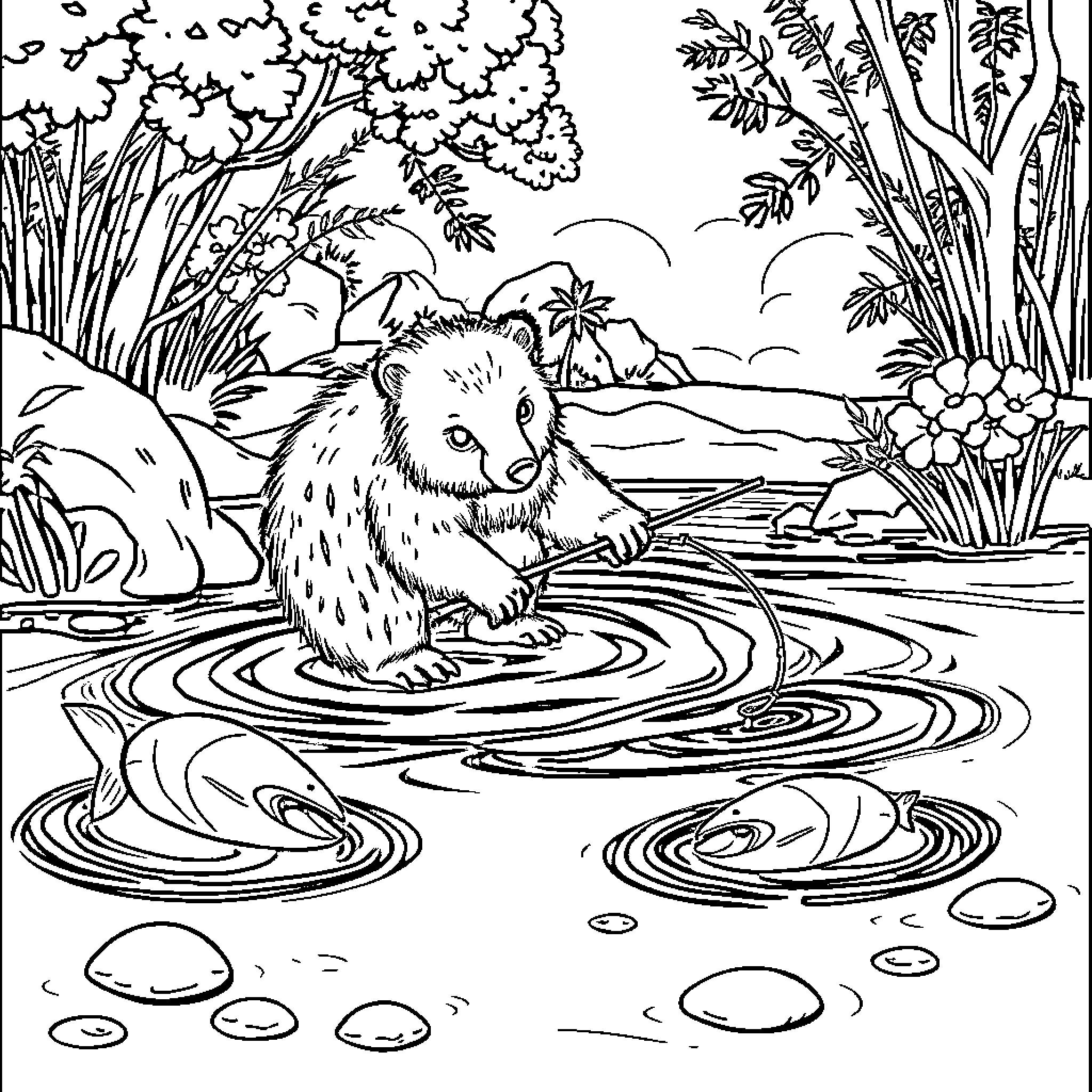 Bear sitting in a serene nature scene Coloring Page (free black-and-white line drawing printable PDF for all, from beginners to advanced learners, including children, teens, adults, and seniors)
