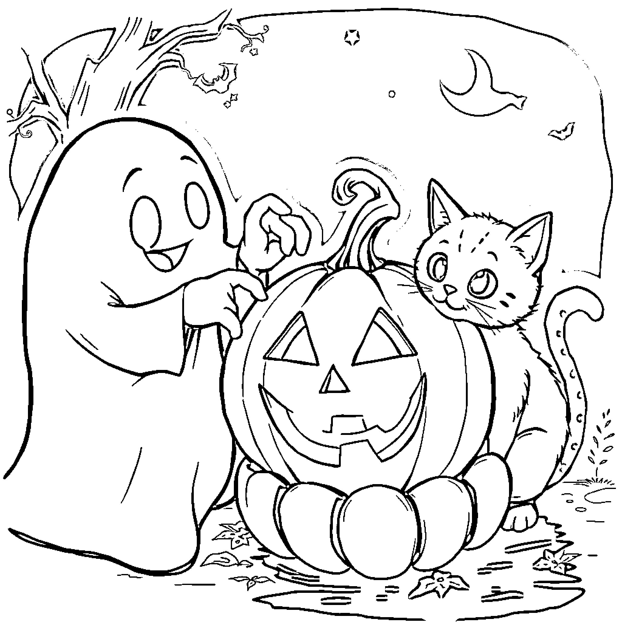 Ghost and cat celebrating Halloween with pumpkin Coloring Page (free black-and-white line drawing printable PDF for all, from beginners to advanced learners, including children, teens, adults, and seniors)