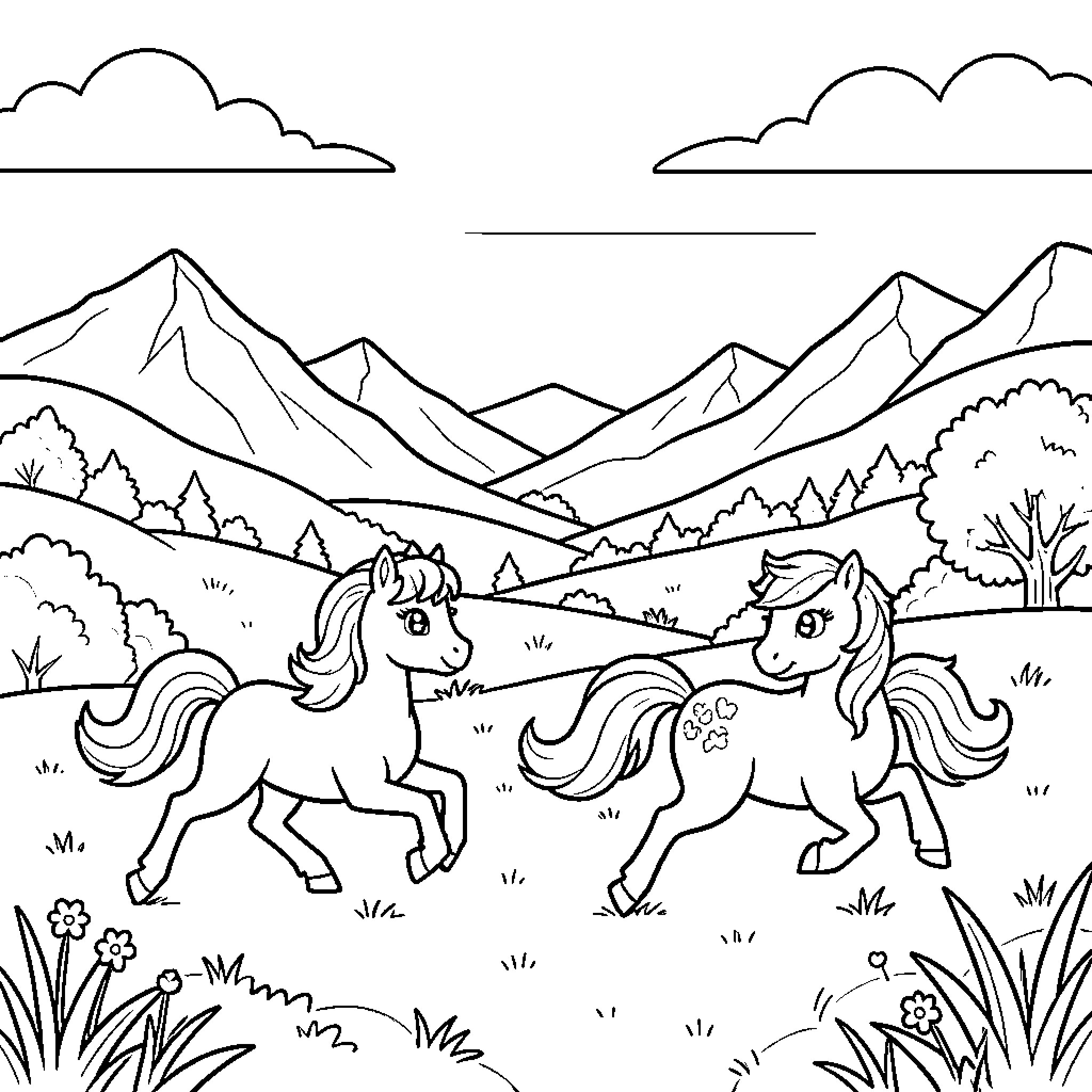 Pony pair running joyfully through a mountain meadow Coloring Page (free black-and-white line drawing printable PDF for all, from beginners to advanced learners, including children, teens, adults, and seniors)