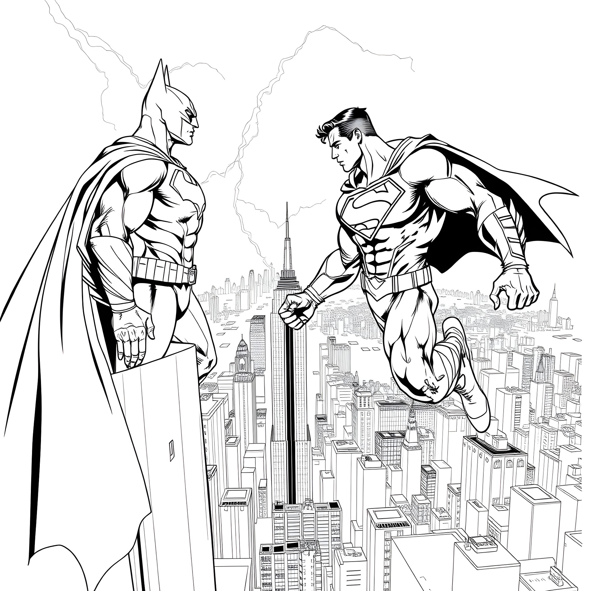Batman and Superman battling over the city skyline Coloring Page (free black-and-white line drawing printable PDF for all, from beginners to advanced learners, including children, teens, adults, and seniors)