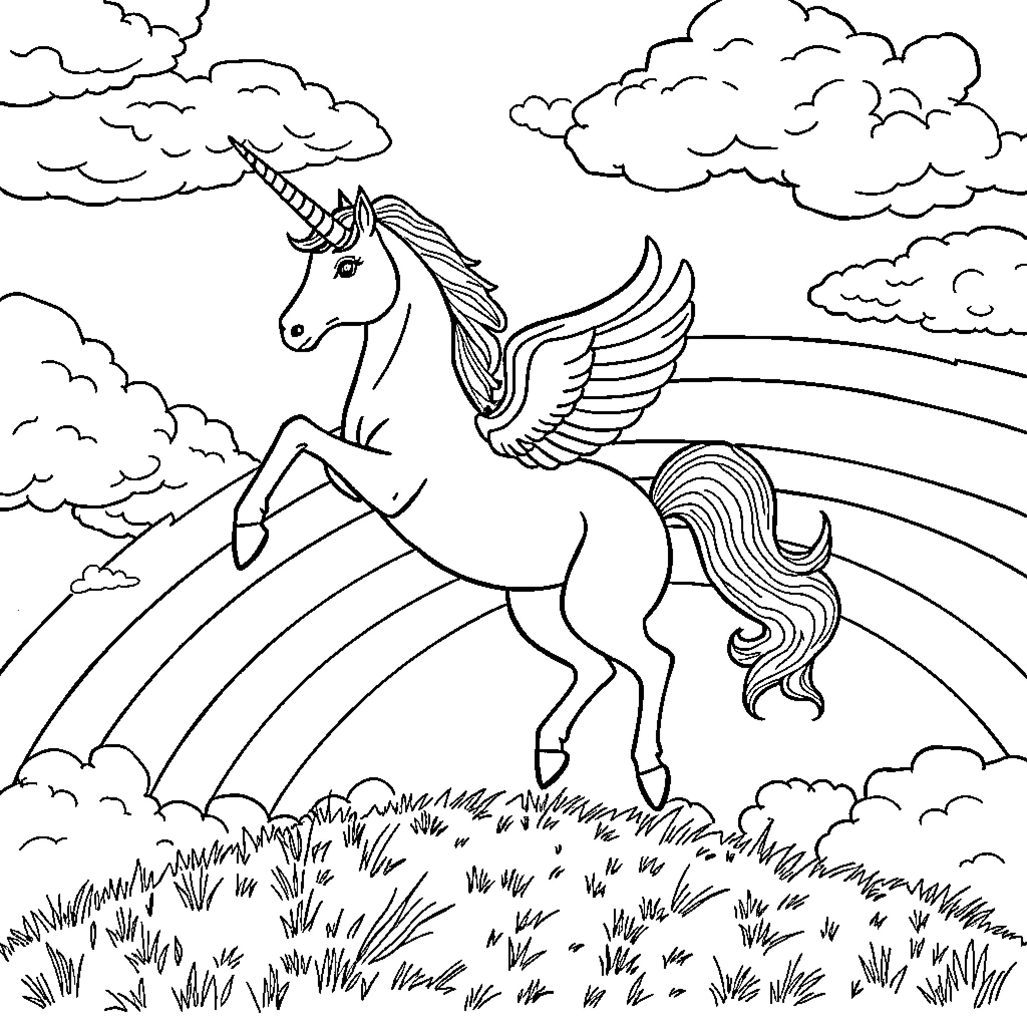 Unicorn soaring through the clouds above a meadow Coloring Page (free black-and-white line drawing printable PDF for all, from beginners to advanced learners, including children, teens, adults, and seniors)