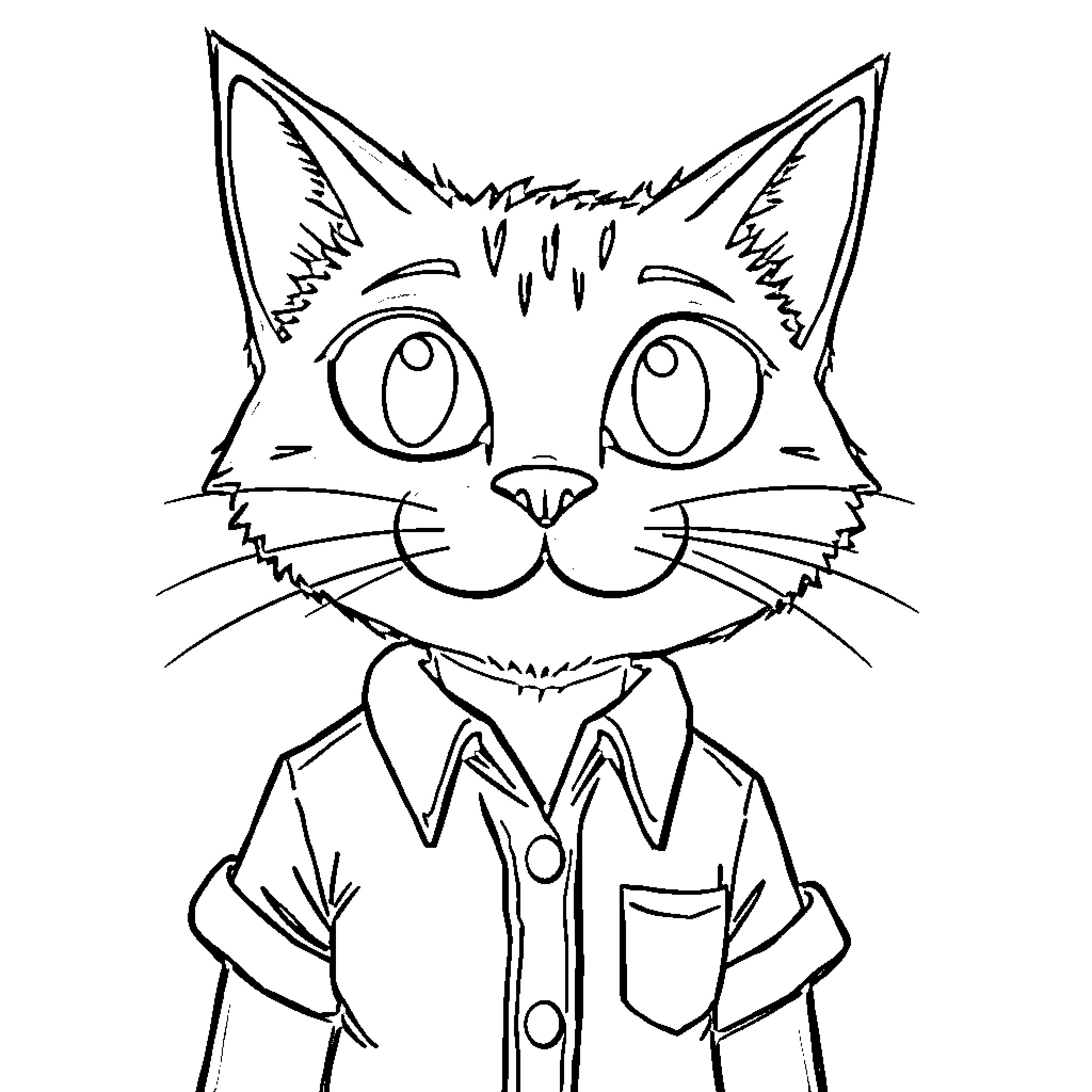 Pete the Cat wearing a shirt and looking surprised Coloring Page (free black-and-white line drawing printable PDF for all, from beginners to advanced learners, including children, teens, adults, and seniors)