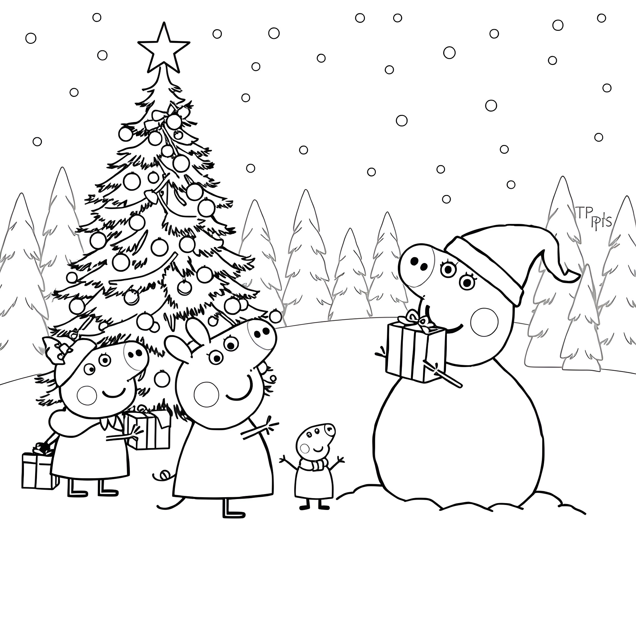 Peppa Pig family celebrating Christmas with a snowman Coloring Page (free black-and-white line drawing printable PDF for all, from beginners to advanced learners, including children, teens, adults, and seniors)