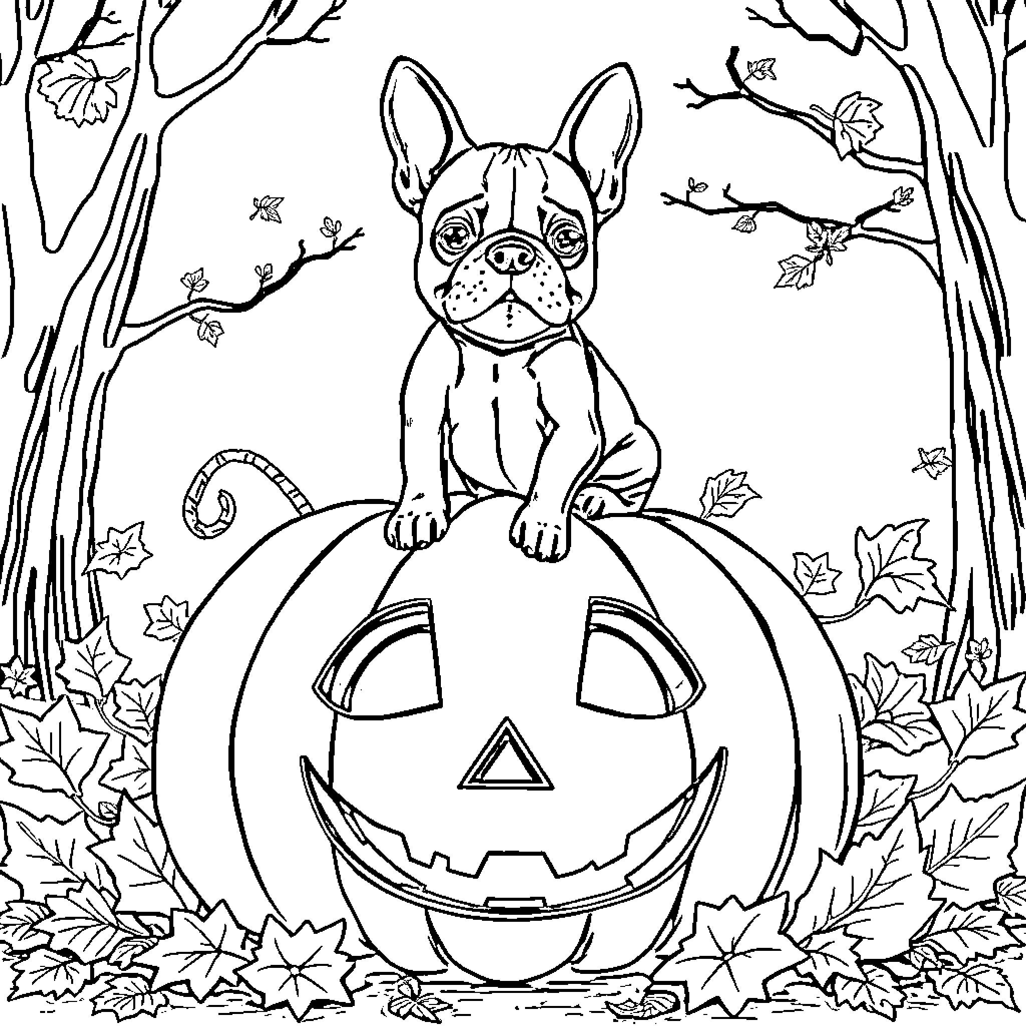 Boston Terrier sitting on a pumpkin in the autumn forest Coloring Page (free black-and-white line drawing printable PDF for all, from beginners to advanced learners, including children, teens, adults, and seniors)