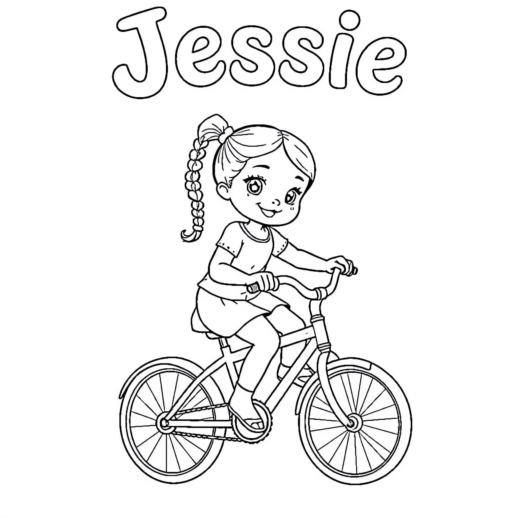 Girl riding bicycle with joy Coloring Page (free black-and-white line drawing printable PDF for all, from beginners to advanced learners, including children, teens, adults, and seniors)