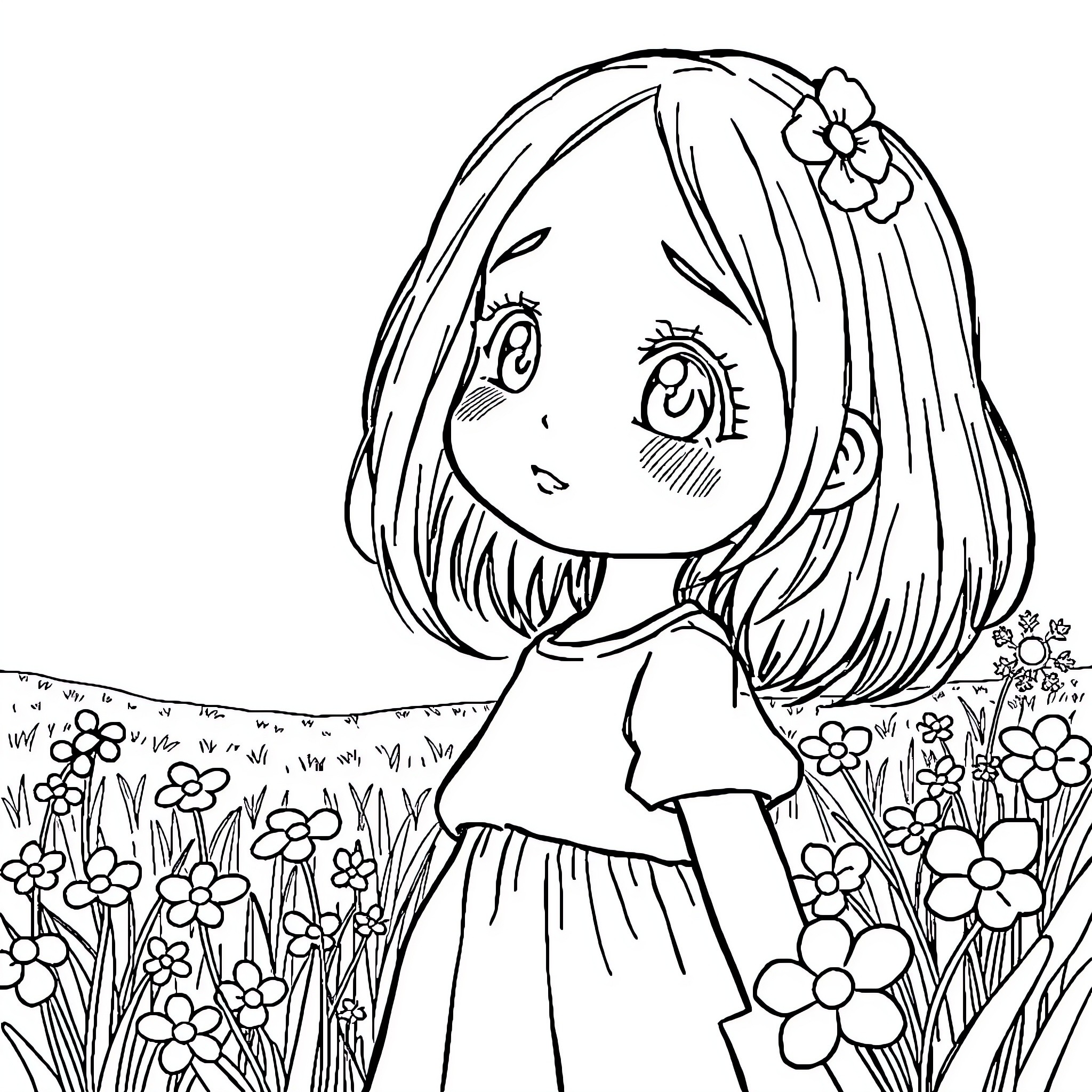 Hinata's Charming Floral Adventure Coloring Page (free black-and-white line drawing printable PDF for all, from beginners to advanced learners, including children, teens, adults, and seniors)