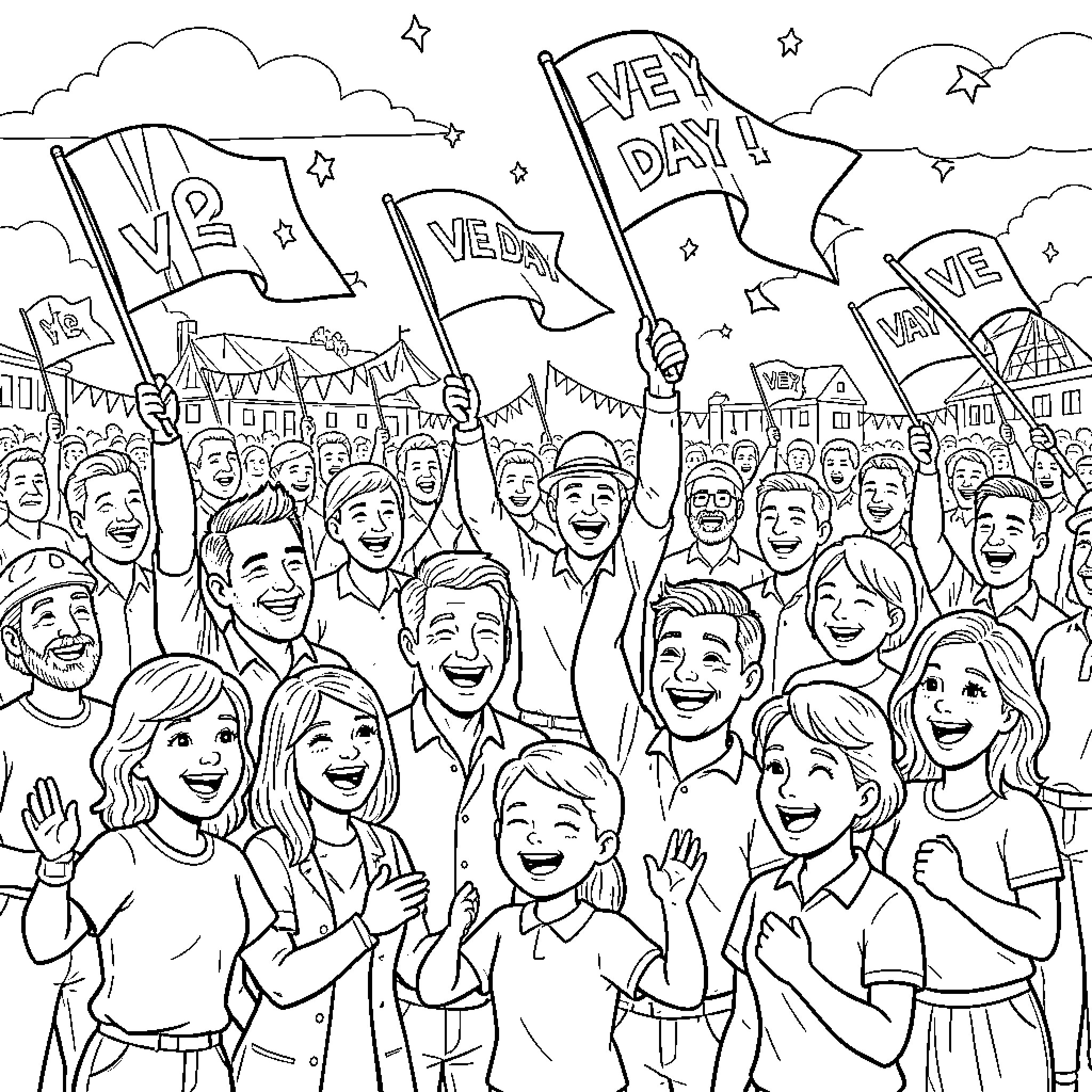 VE Day Celebrations with Crowds Waving Flags Coloring Page (free black-and-white line drawing printable PDF for all, from beginners to advanced learners, including children, teens, adults, and seniors)
