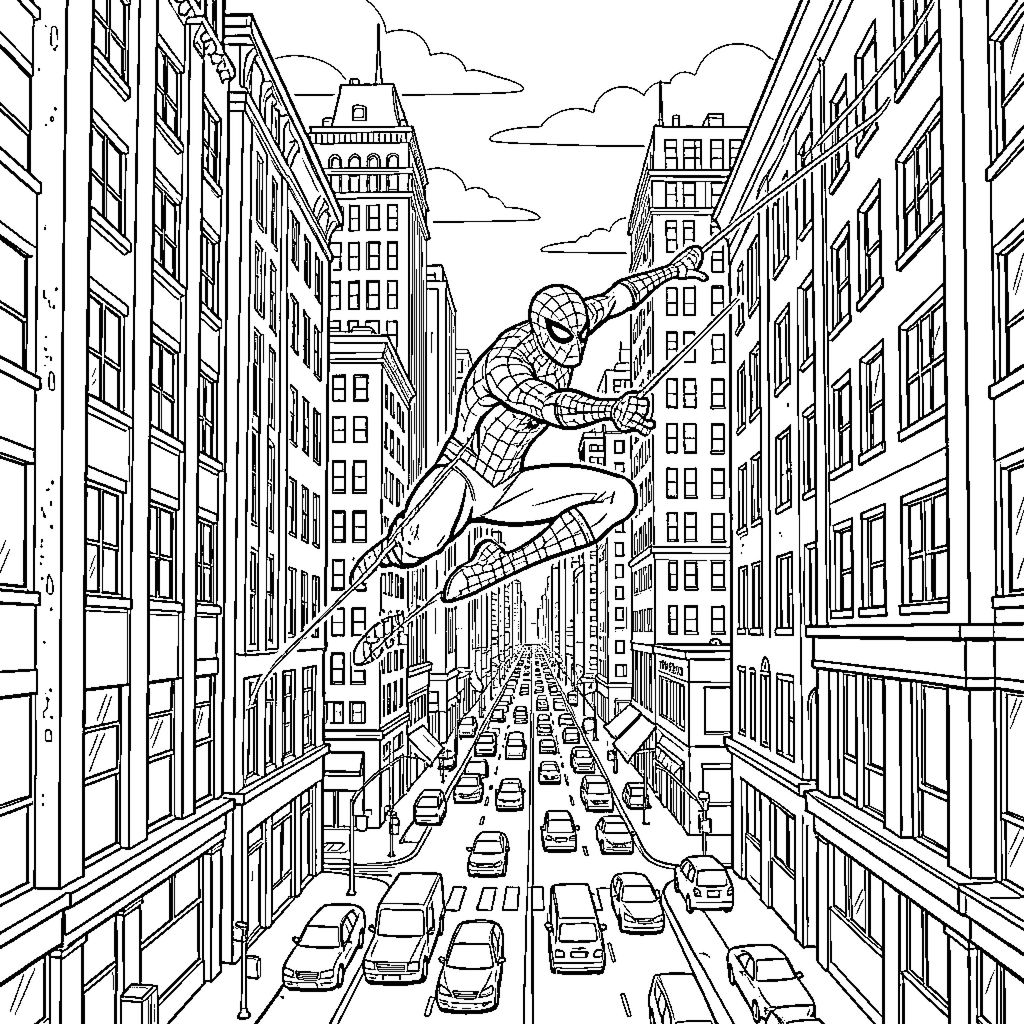 Spiderman swinging through a busy city street Coloring Page (free black-and-white line drawing printable PDF for all, from beginners to advanced learners, including children, teens, adults, and seniors)