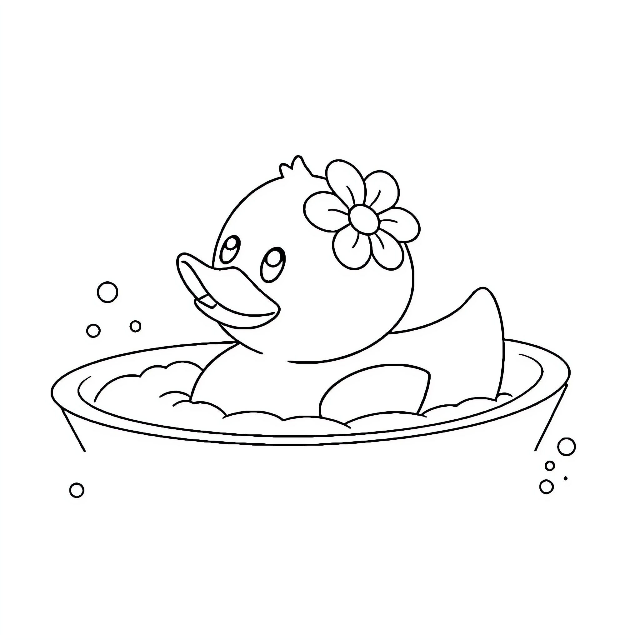 Rubber Duck Floating in Bubble Bath with Flower Coloring Page (free black-and-white line drawing printable PDF for all, from beginners to advanced learners, including children, teens, adults, and seniors)