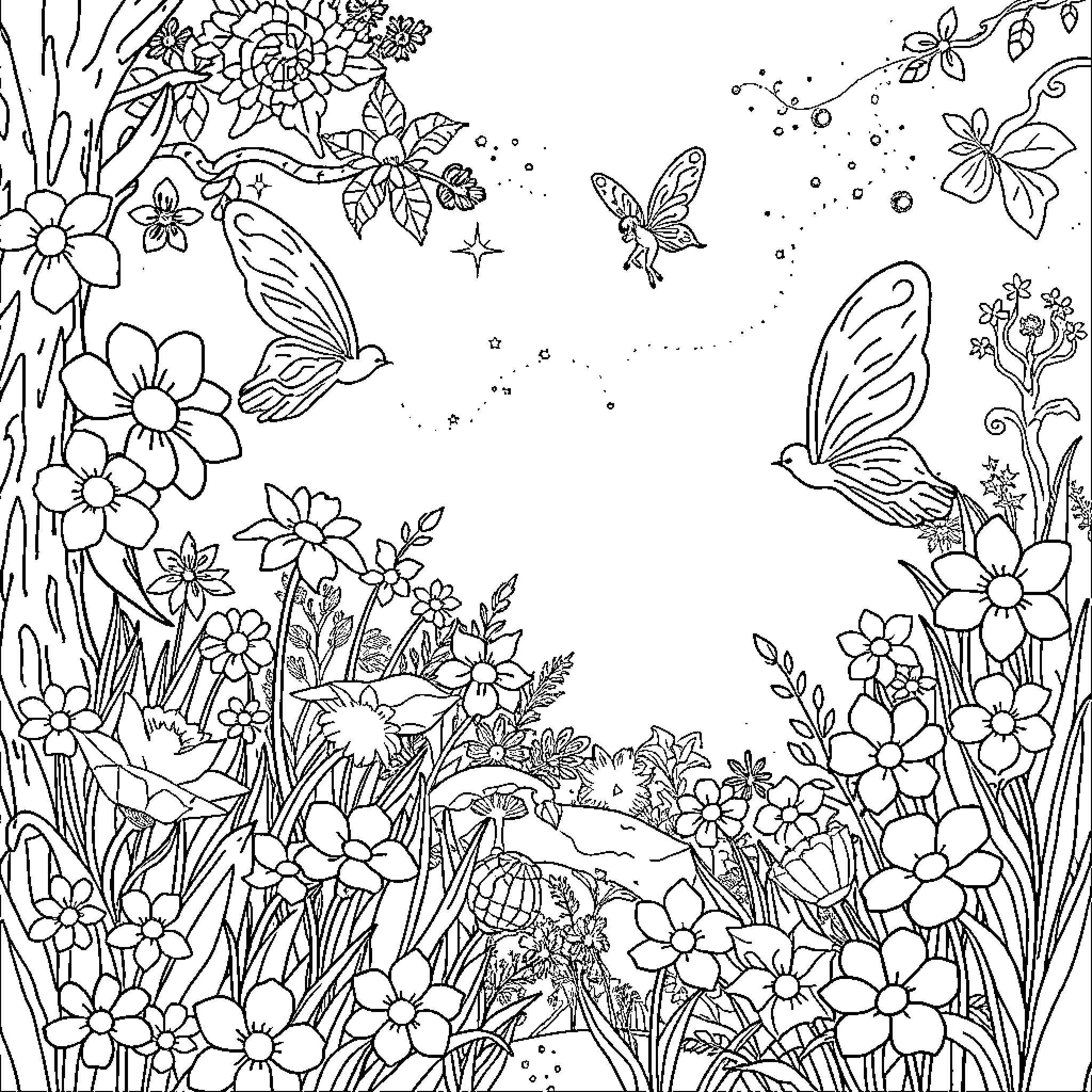 Fairy Garden with Blooming Flowers and Butterflies Coloring Page (free black-and-white line drawing printable PDF for all, from beginners to advanced learners, including children, teens, adults, and seniors)