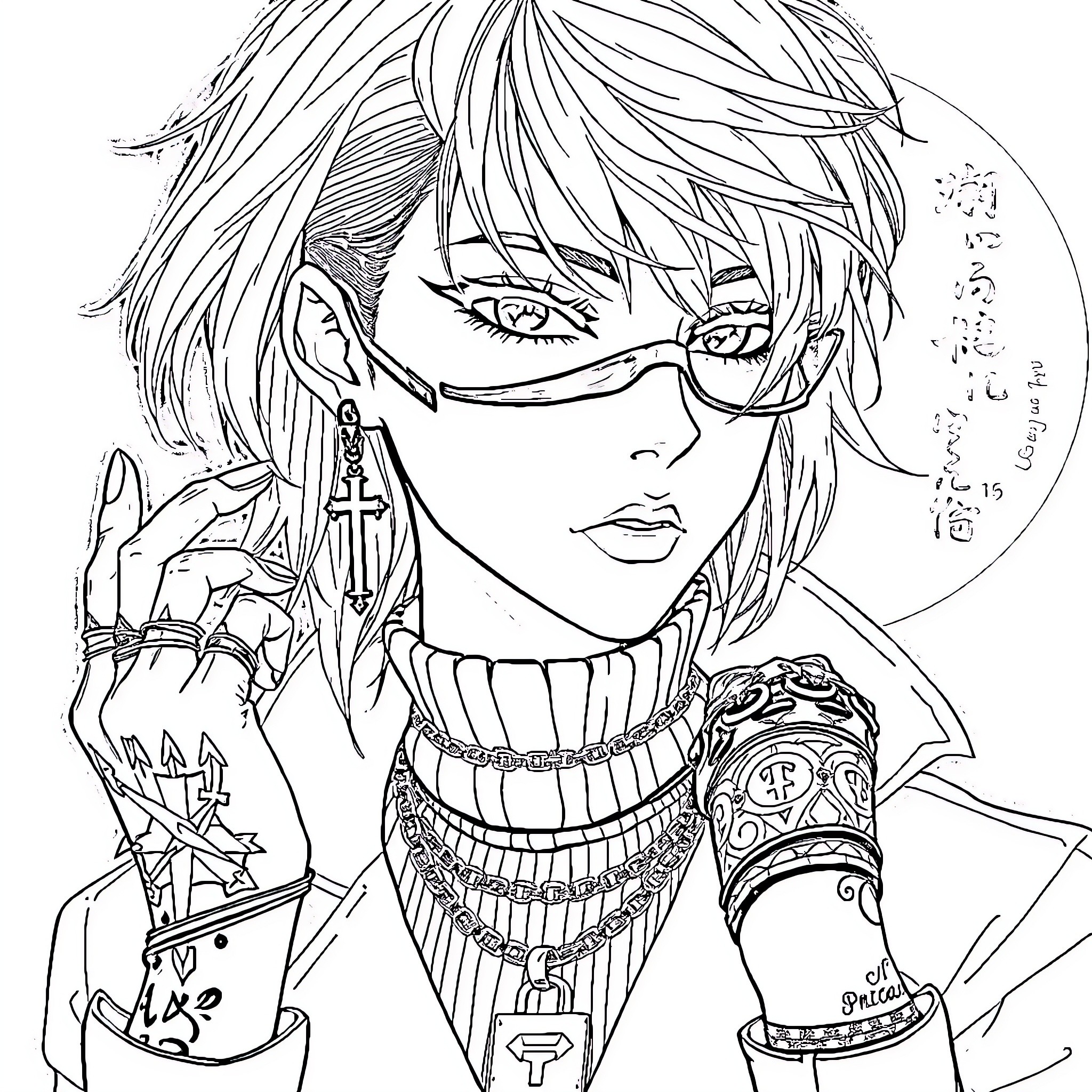 Man with distinctive gothic attire and accessories Coloring Page (free black-and-white line drawing printable PDF for all, from beginners to advanced learners, including children, teens, adults, and seniors)