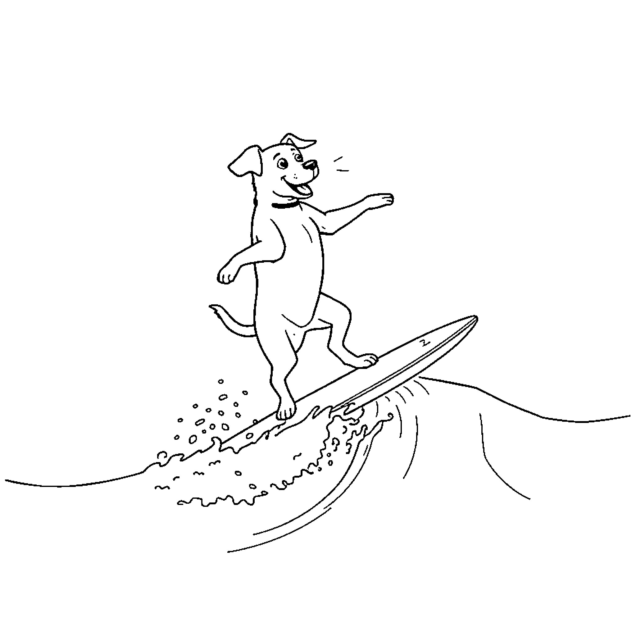 Dog surfing on ocean waves happily Coloring Page (free black-and-white line drawing printable PDF for all, from beginners to advanced learners, including children, teens, adults, and seniors)