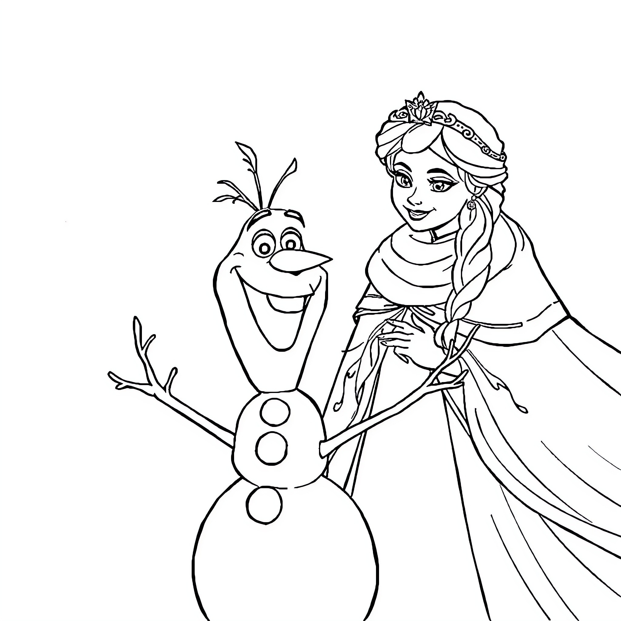 Queen Elsa and Olaf the Snowman in Frozen Coloring Page (free black-and-white line drawing printable PDF for all, from beginners to advanced learners, including children, teens, adults, and seniors)