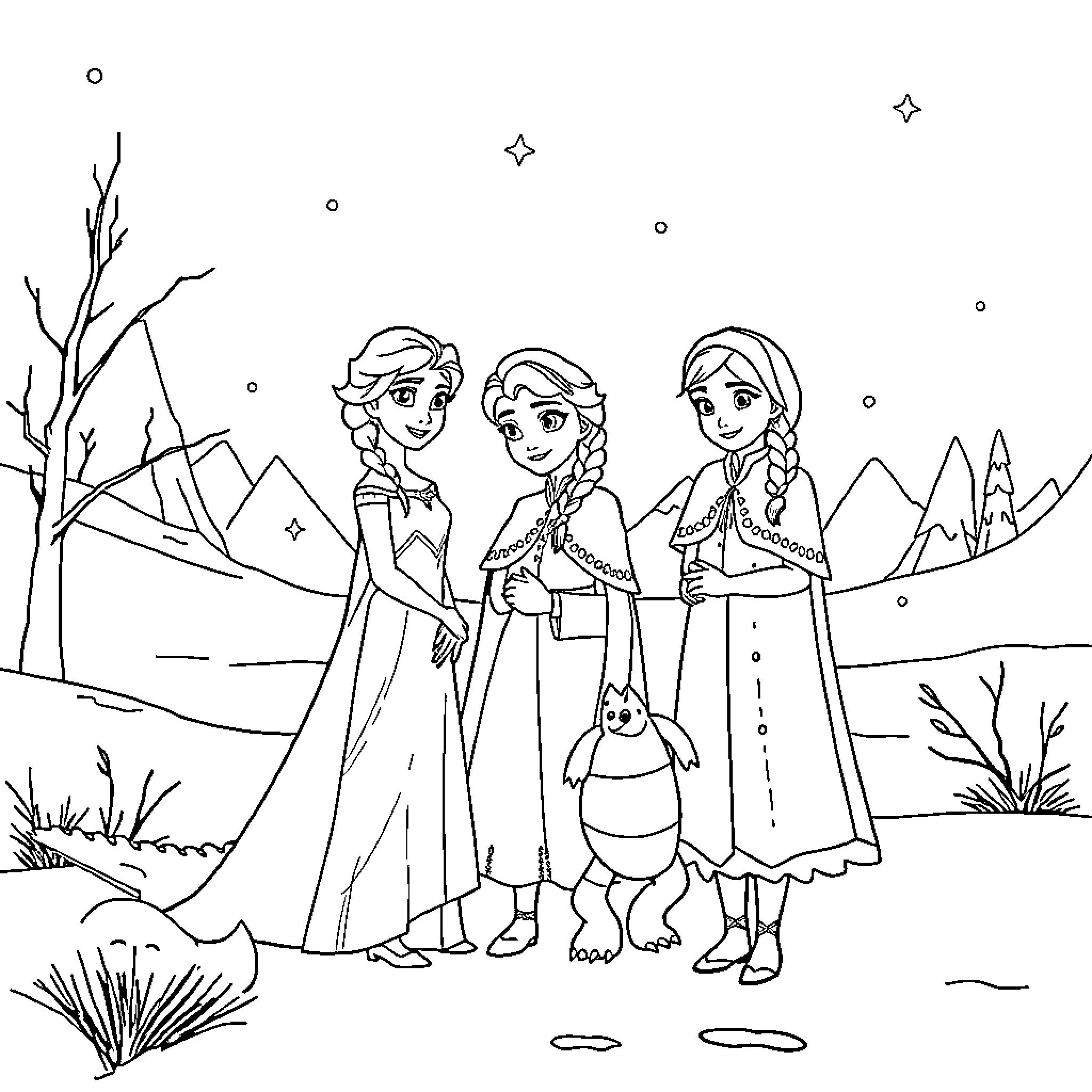 Elsa and Anna exploring the enchanted winter landscape Coloring Page (free black-and-white line drawing printable PDF for all, from beginners to advanced learners, including children, teens, adults, and seniors)