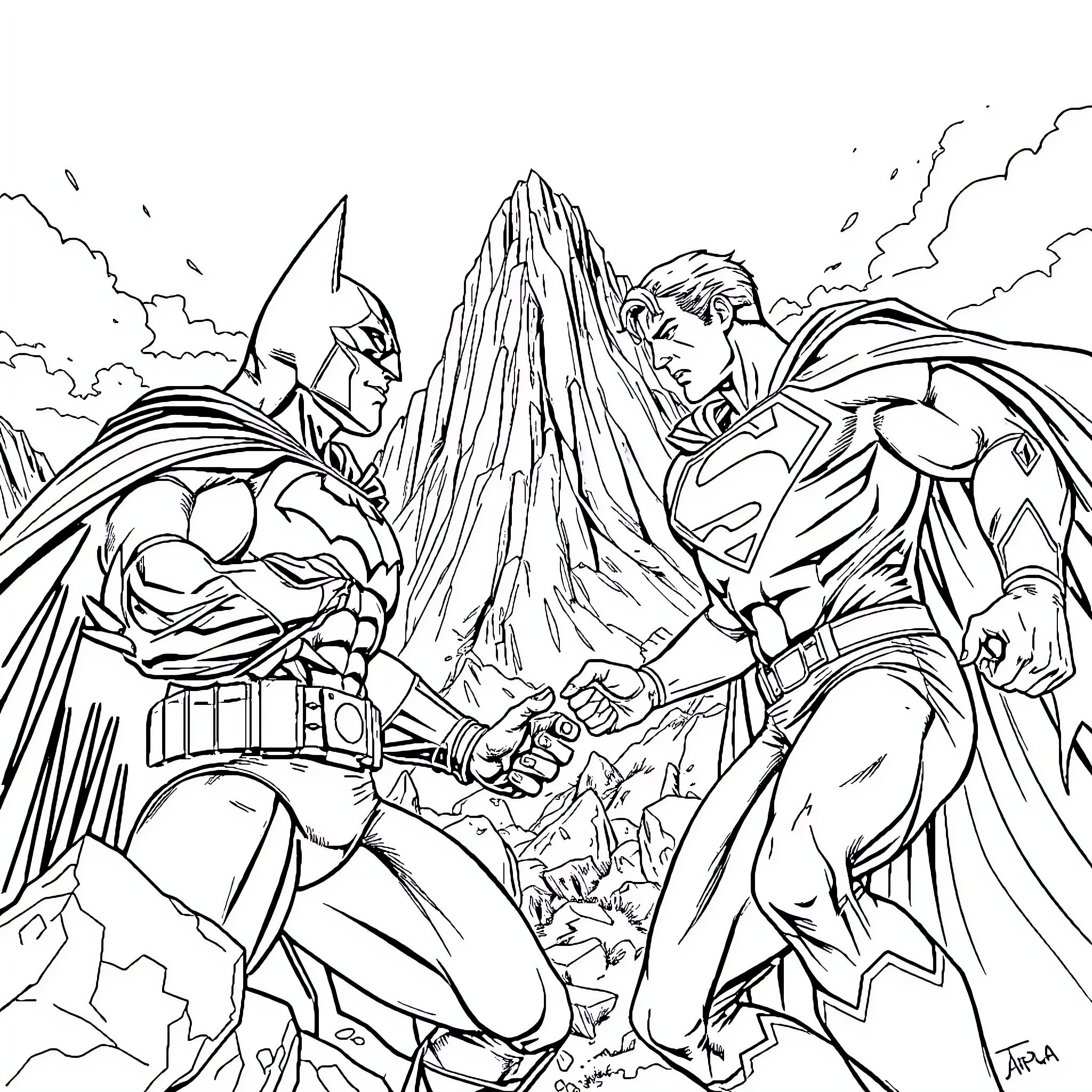Batman and Superman facing off in epic battle Coloring Page (free black-and-white line drawing printable PDF for all, from beginners to advanced learners, including children, teens, adults, and seniors)