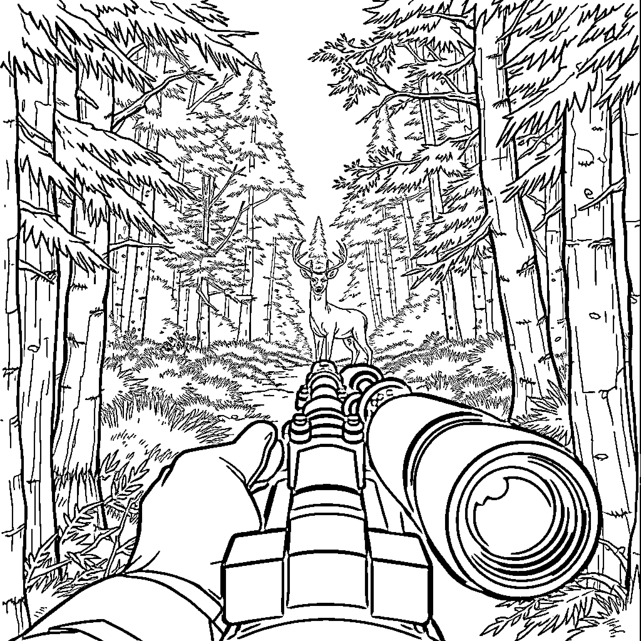 Deer gazing through the forest Coloring Page (free black-and-white line drawing printable PDF for all, from beginners to advanced learners, including children, teens, adults, and seniors)