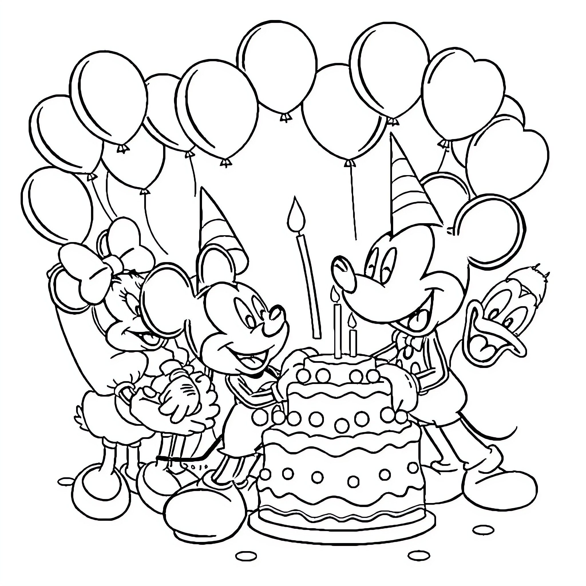 Mickey Mouse and friends celebrate with cake and balloons Coloring Page (free black-and-white line drawing printable PDF for all, from beginners to advanced learners, including children, teens, adults, and seniors)