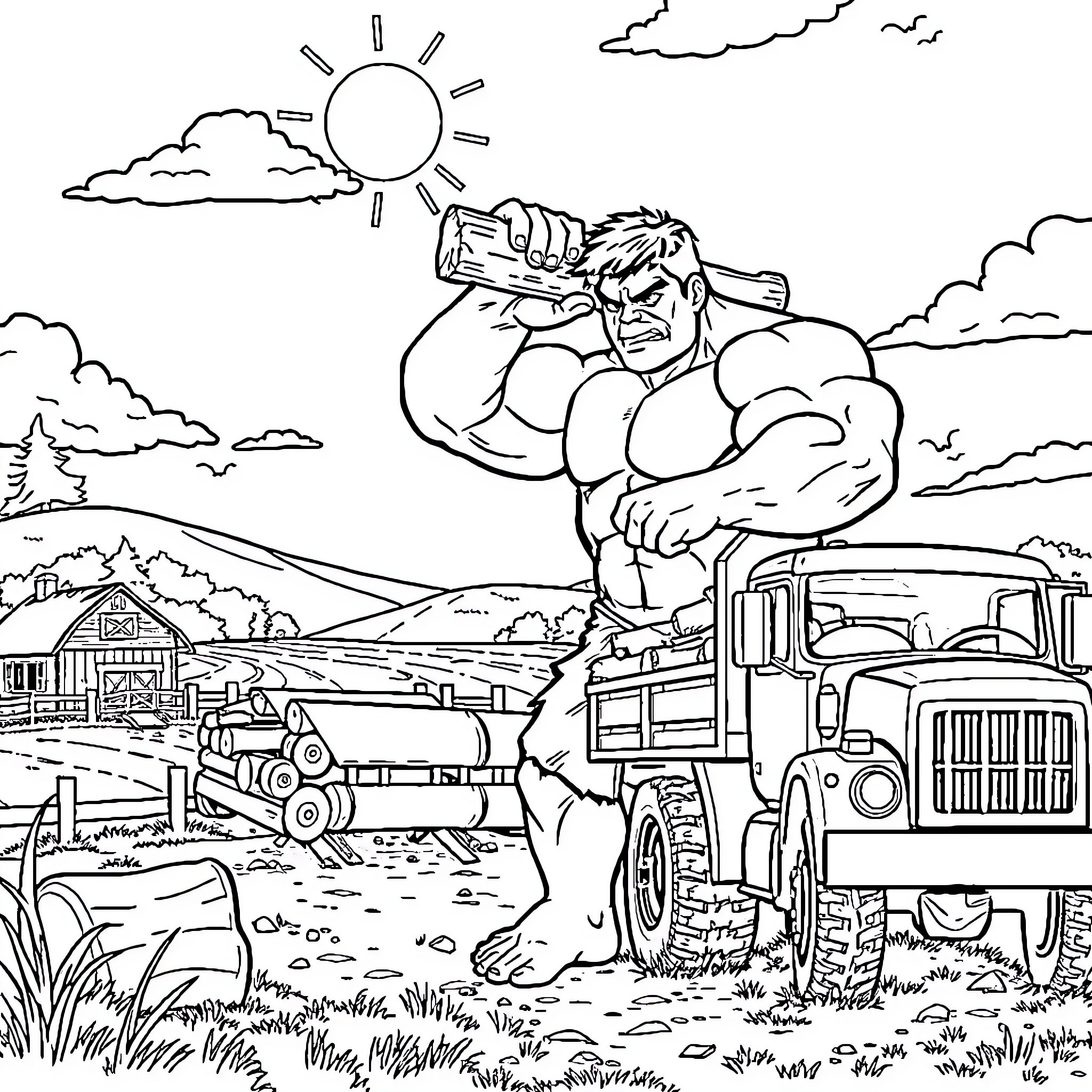 Hulk smashing through the countryside Coloring Page (free black-and-white line drawing printable PDF for all, from beginners to advanced learners, including children, teens, adults, and seniors)