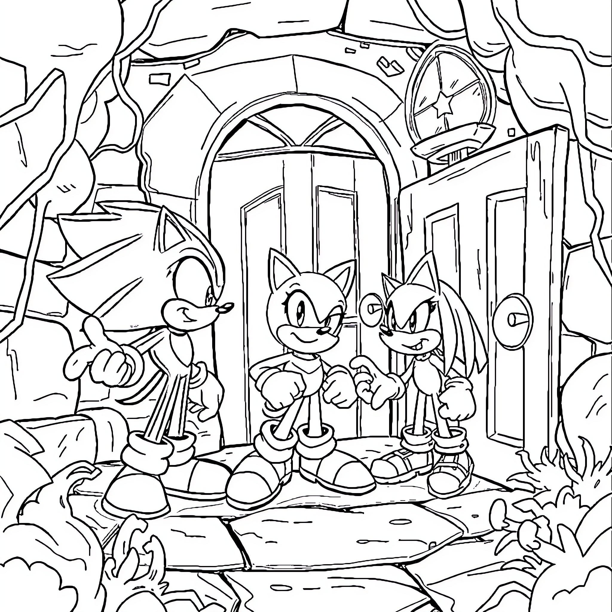Sonic characters in a fantastical setting Coloring Page (free black-and-white line drawing printable PDF for all, from beginners to advanced learners, including children, teens, adults, and seniors)