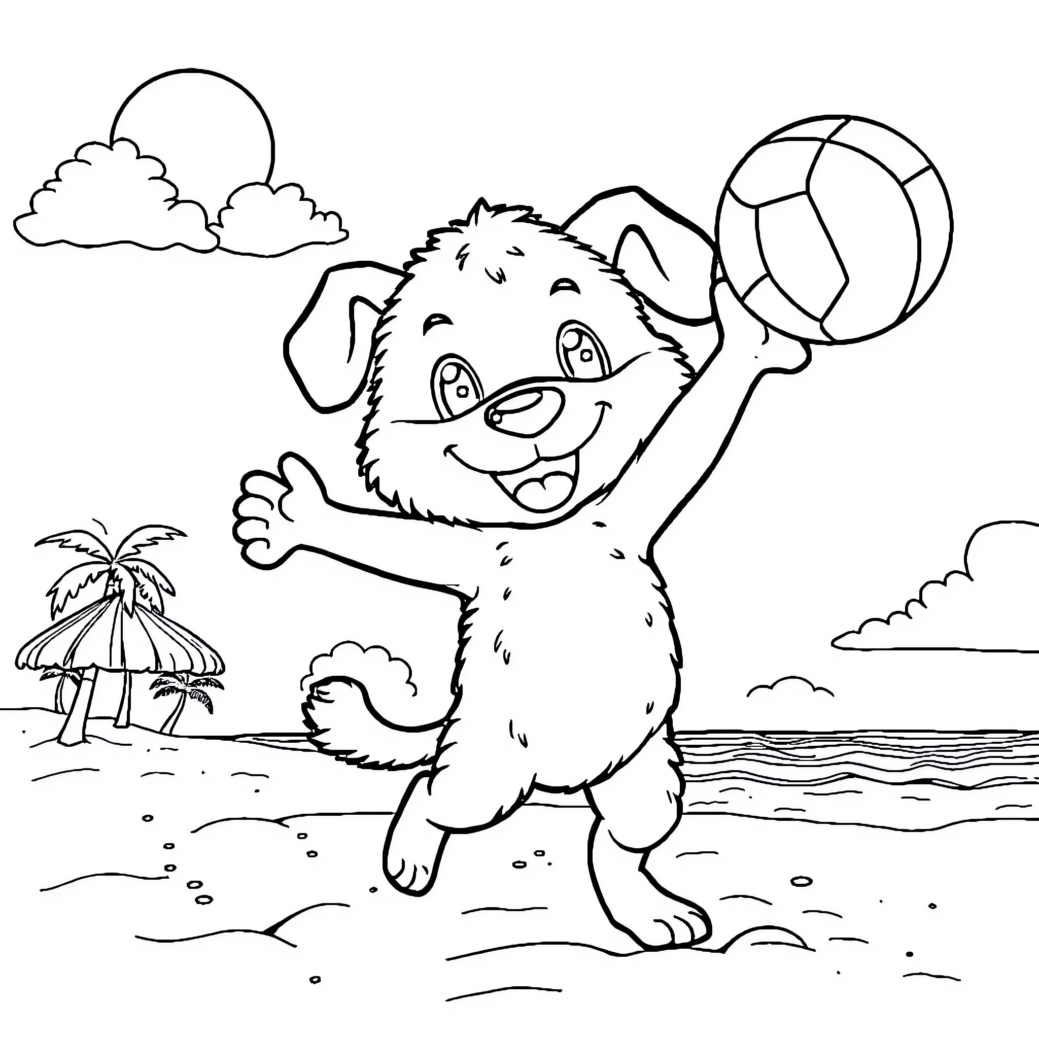 Labubu playing joyfully with a beach ball on the beach Coloring Page (free black-and-white line drawing printable PDF for all, from beginners to advanced learners, including children, teens, adults, and seniors)