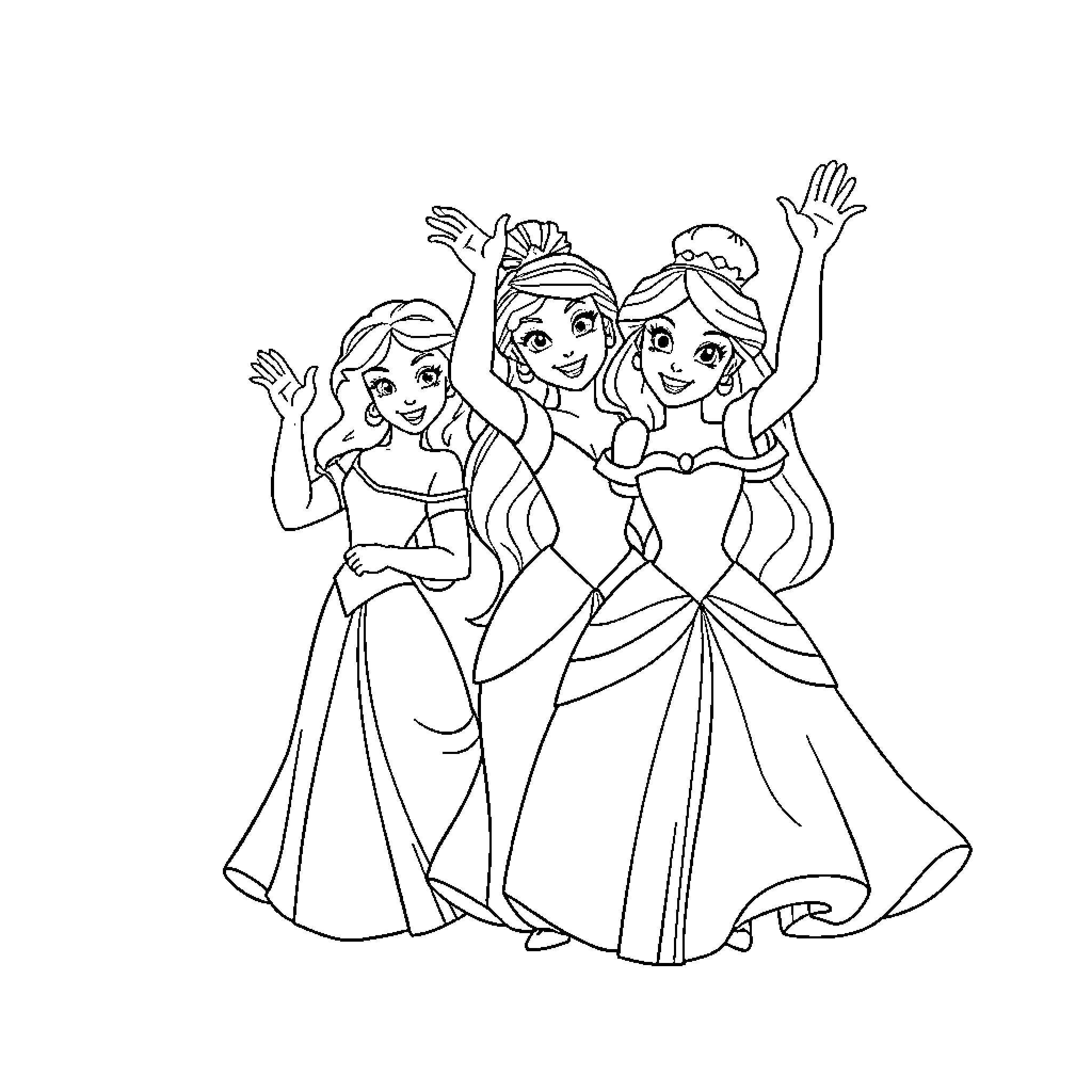 Disney Princesses Celebrating Joyfully Coloring Page (free black-and-white line drawing printable PDF for all, from beginners to advanced learners, including children, teens, adults, and seniors)