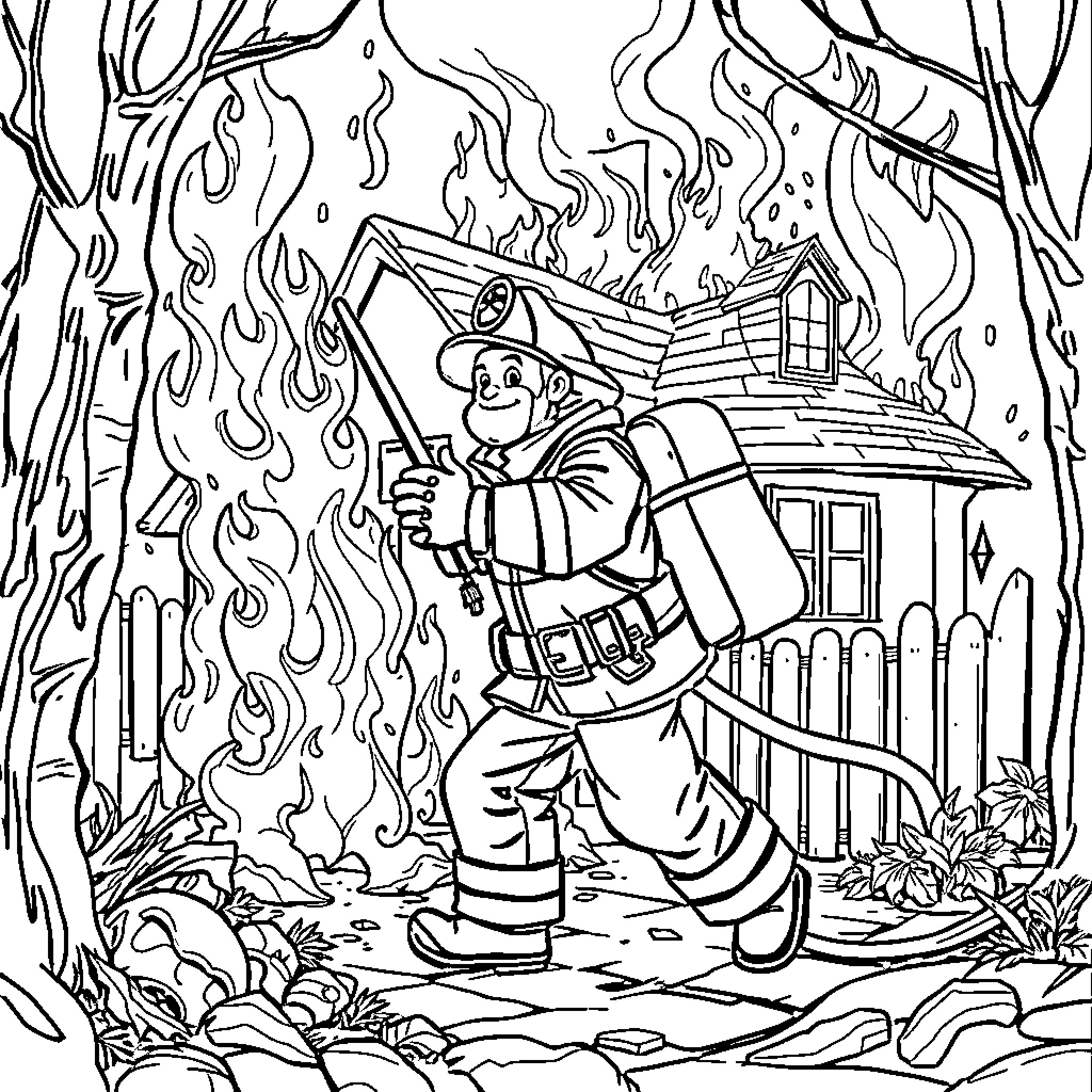 Pompier firefighter bravely extinguishing blaze in the forest Coloring Page (free black-and-white line drawing printable PDF for all, from beginners to advanced learners, including children, teens, adults, and seniors)