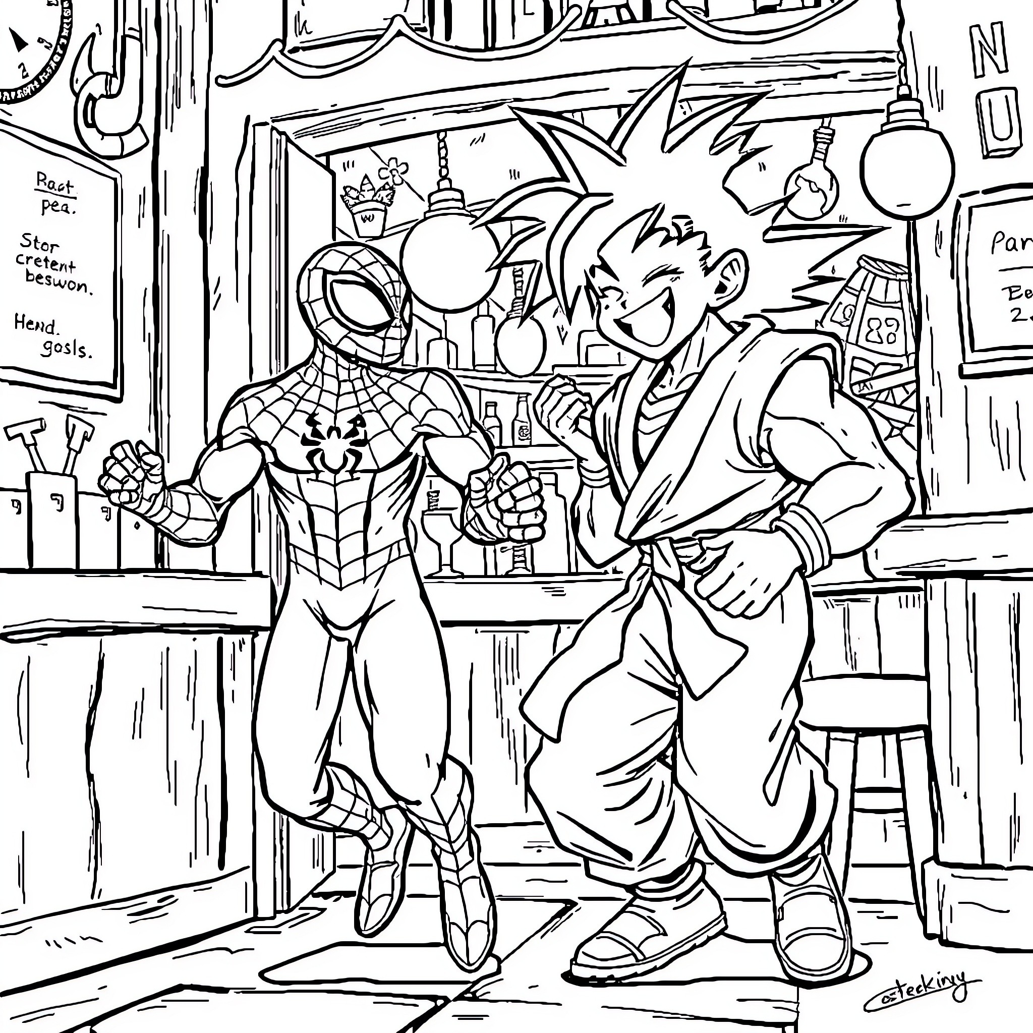 Spider-Man Confronting Adversary in Iconic Setting Coloring Page (free black-and-white line drawing printable PDF for all, from beginners to advanced learners, including children, teens, adults, and seniors)