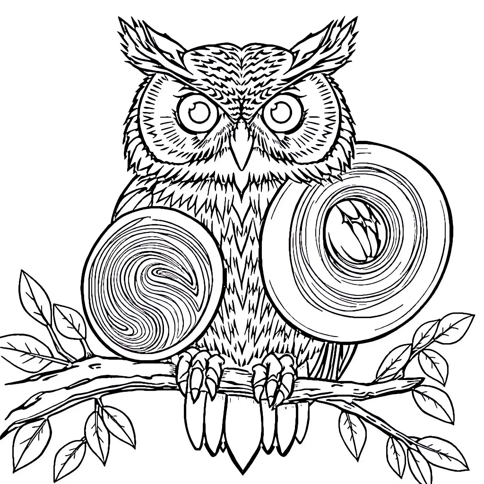 Owl perched on a branch with intricate patterns Coloring Page (free black-and-white line drawing printable PDF for all, from beginners to advanced learners, including children, teens, adults, and seniors)