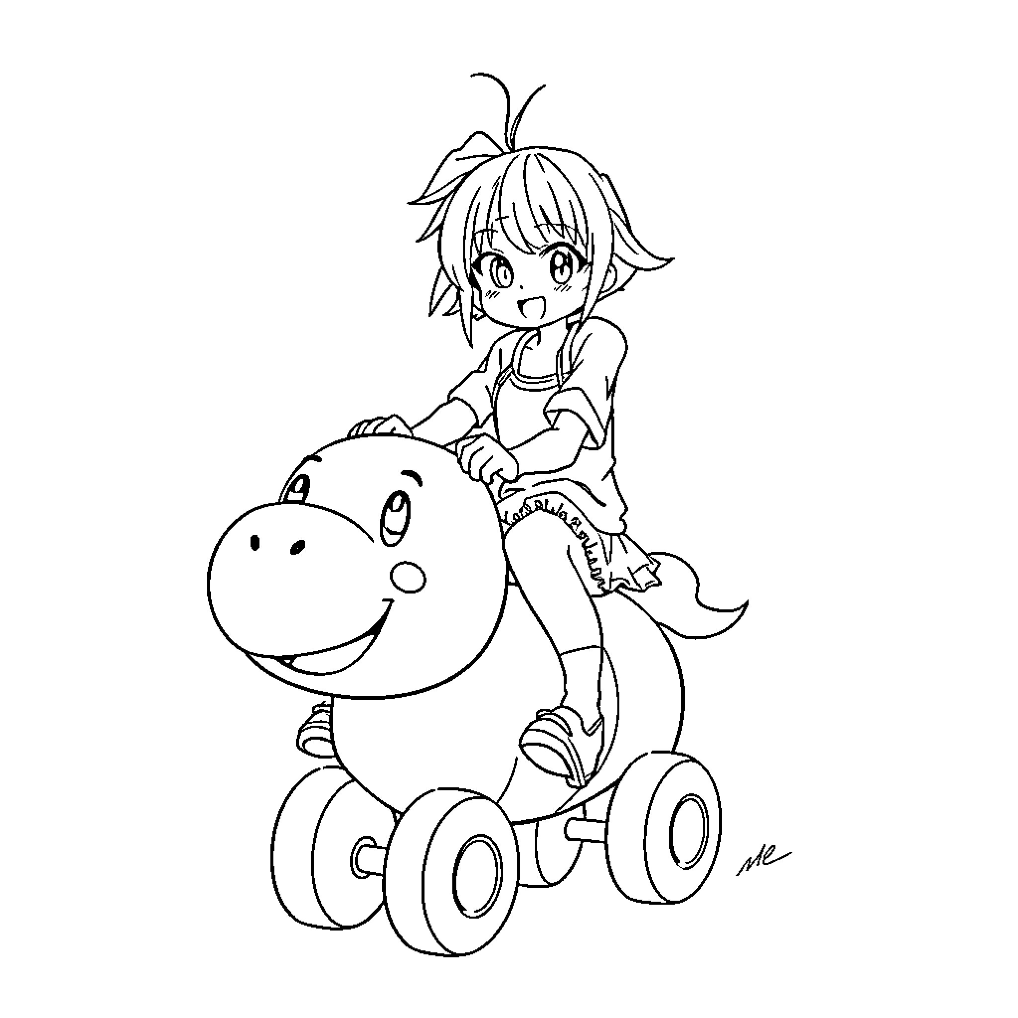 Anime Girl riding on a whimsical toy Coloring Page (free black-and-white line drawing printable PDF for all, from beginners to advanced learners, including children, teens, adults, and seniors)