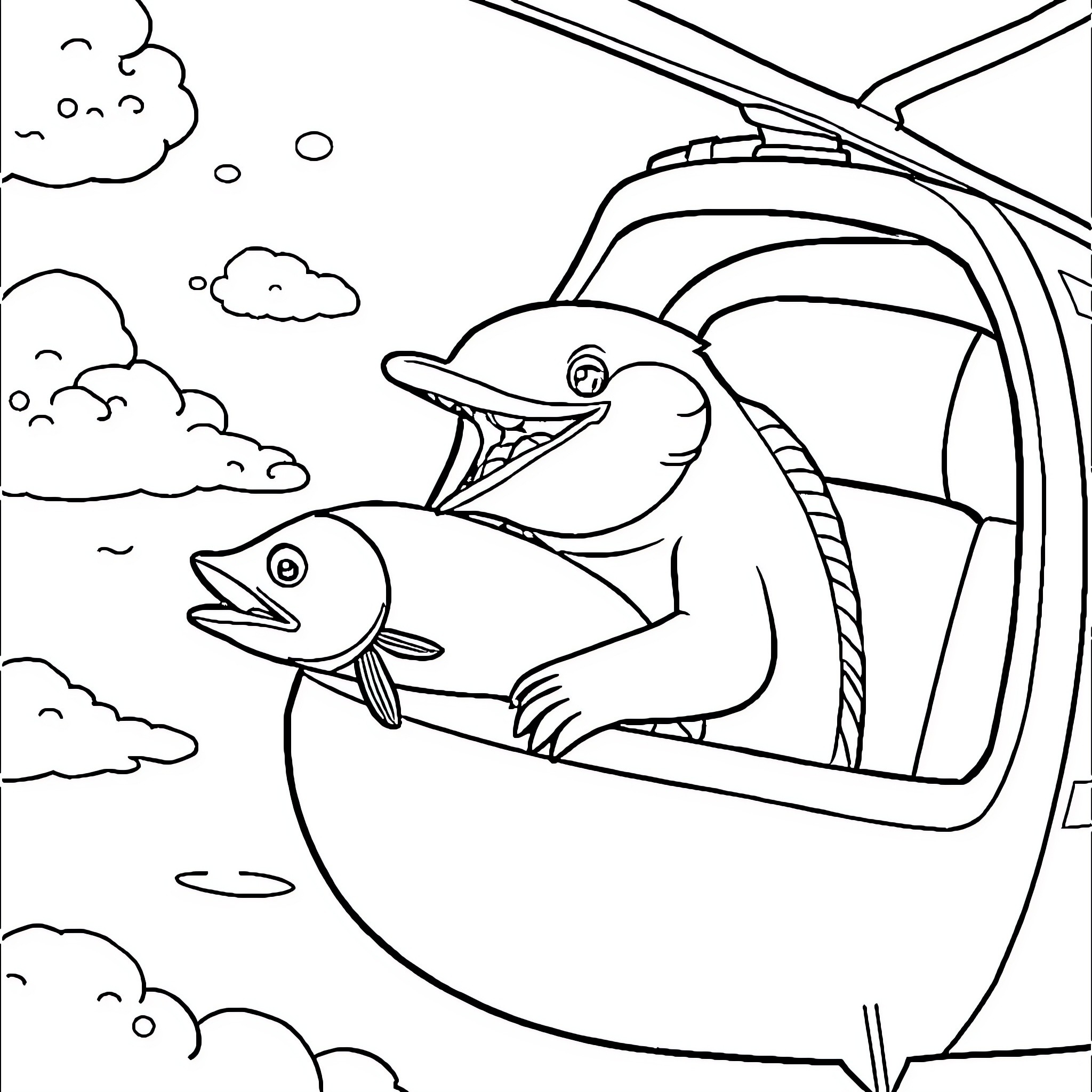 Perro pescando felizmente en un barco Coloring Page (free black-and-white line drawing printable PDF for all, from beginners to advanced learners, including children, teens, adults, and seniors)