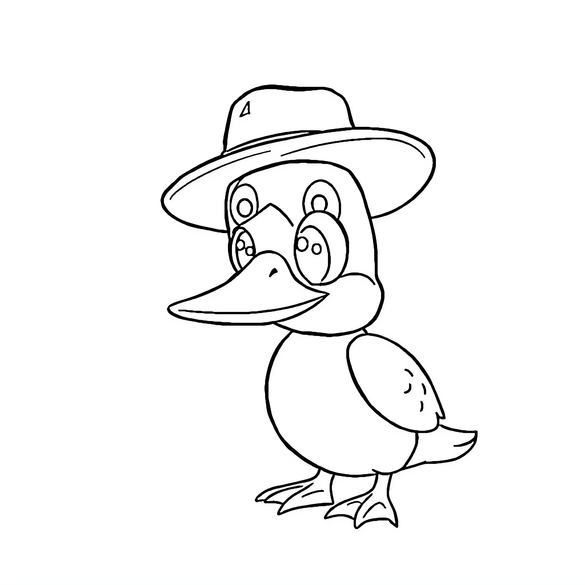 Platypus wearing a hat and looking curious Coloring Page (free black-and-white line drawing printable PDF for all, from beginners to advanced learners, including children, teens, adults, and seniors)