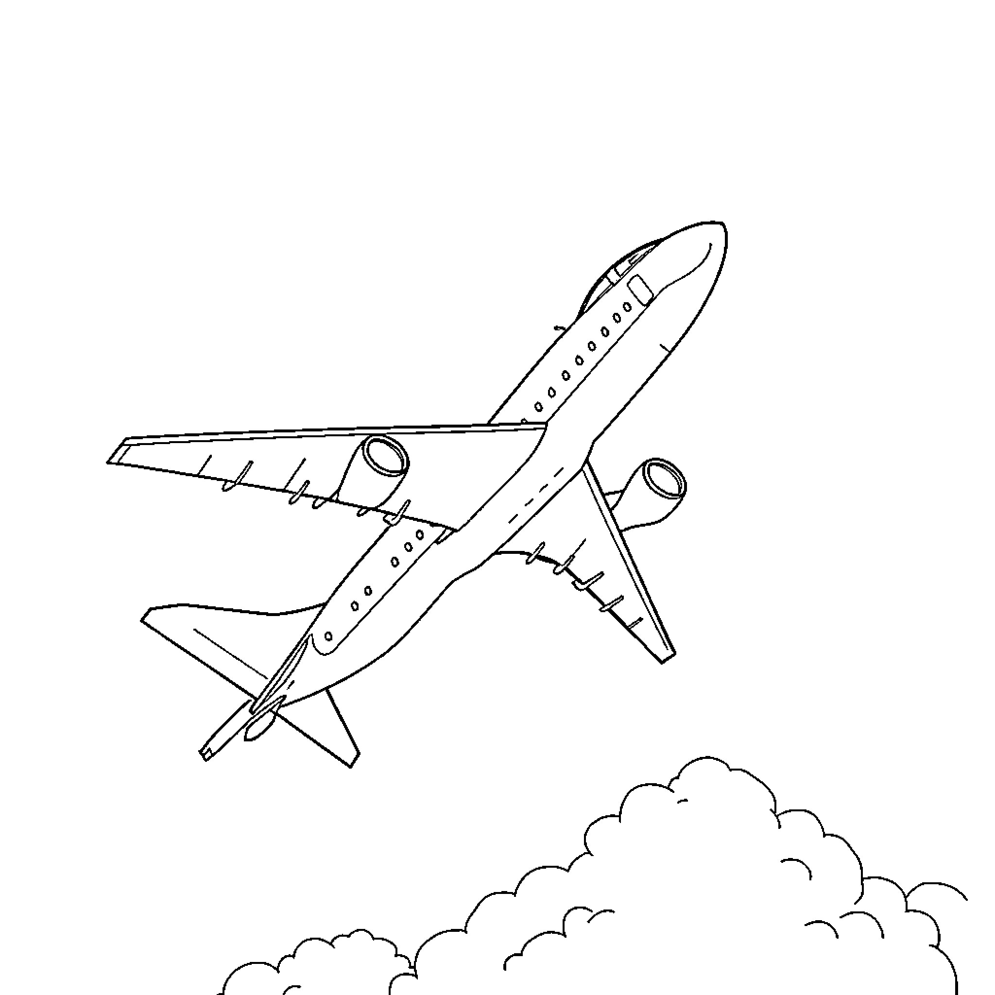 Airplane flying through the clouds Coloring Page (free black-and-white line drawing printable PDF for all, from beginners to advanced learners, including children, teens, adults, and seniors)