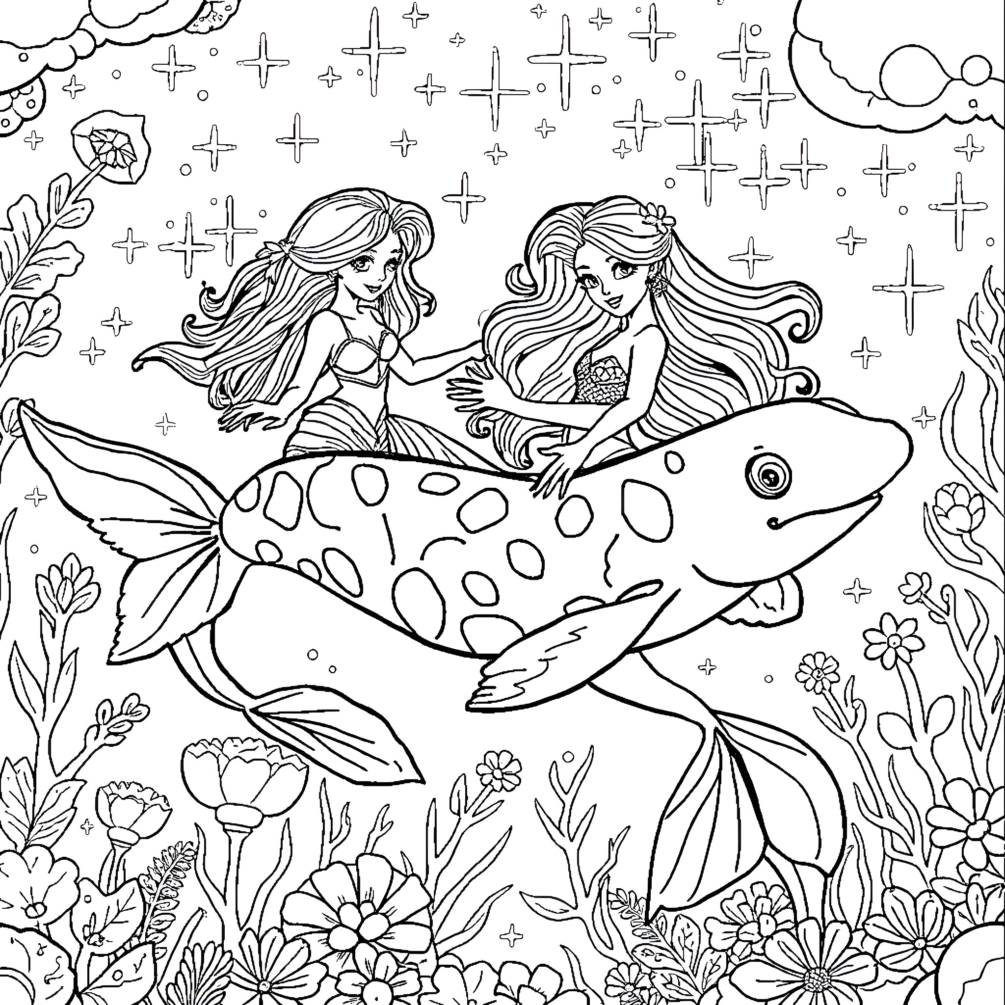 Axolotl mermaids explore the underwater world Coloring Page (free black-and-white line drawing printable PDF for all, from beginners to advanced learners, including children, teens, adults, and seniors)