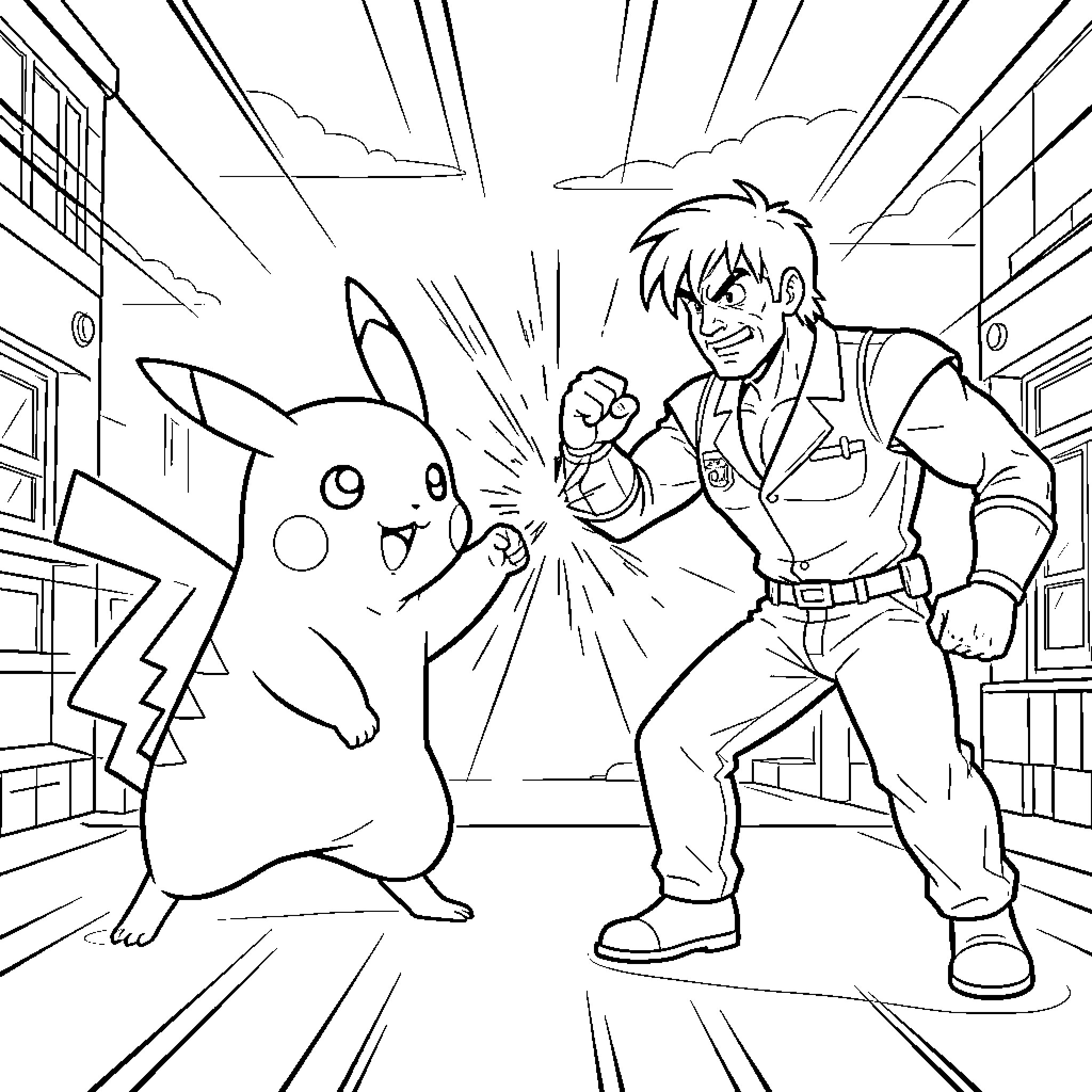 Pikachu and a trainer facing off in a battle Coloring Page (free black-and-white line drawing printable PDF for all, from beginners to advanced learners, including children, teens, adults, and seniors)