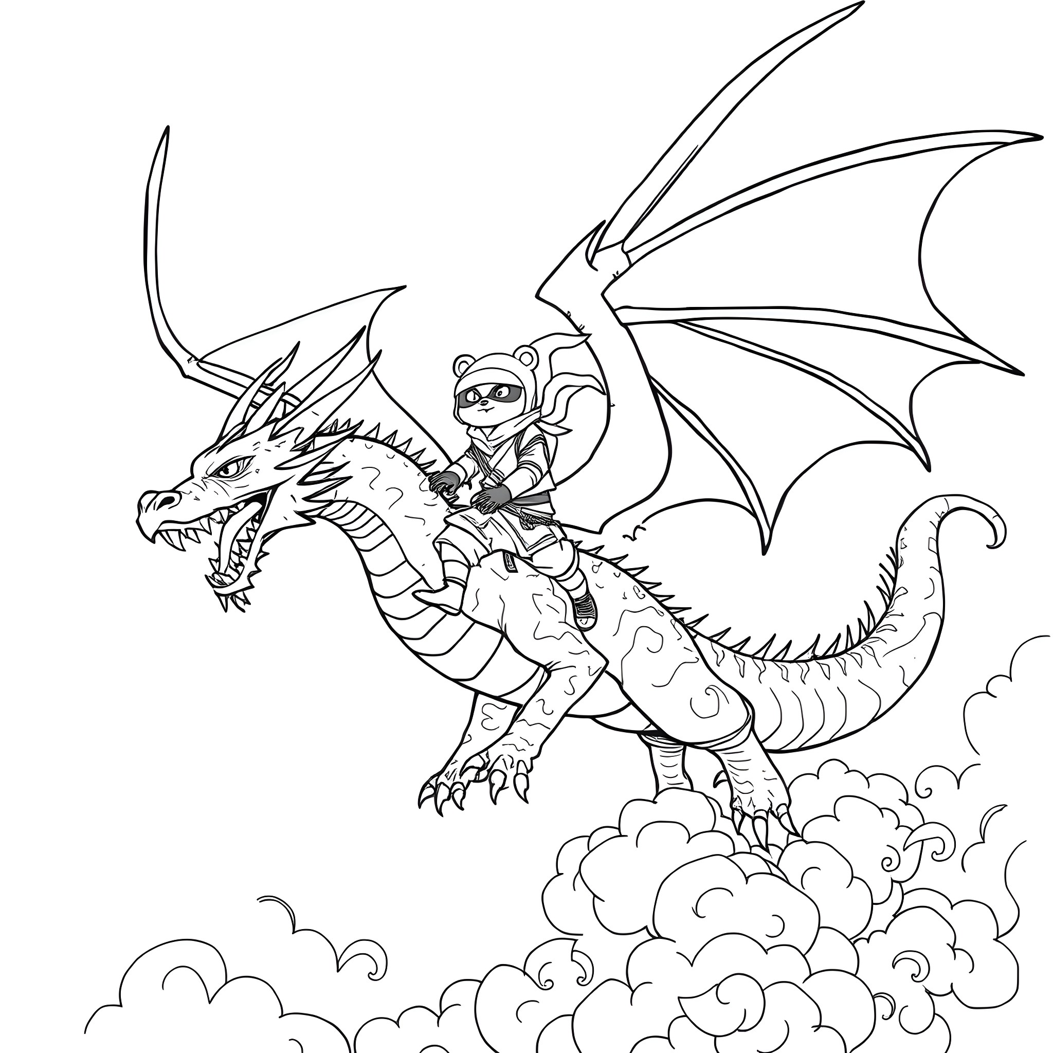 Dragon knight riding a fearsome mythical beast Coloring Page (free black-and-white line drawing printable PDF for all, from beginners to advanced learners, including children, teens, adults, and seniors)