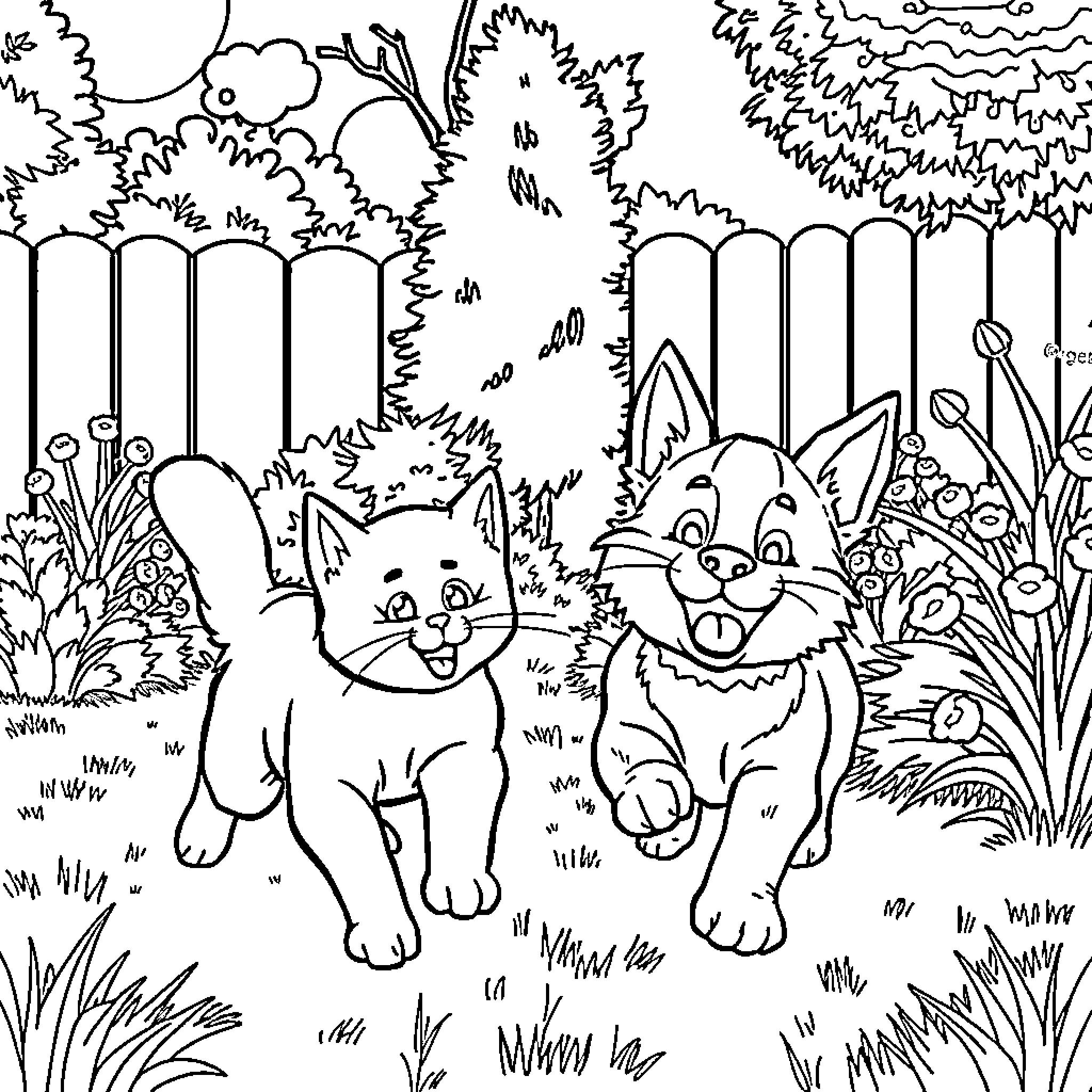 Cats playing in the garden Coloring Page (free black-and-white line drawing printable PDF for all, from beginners to advanced learners, including children, teens, adults, and seniors)