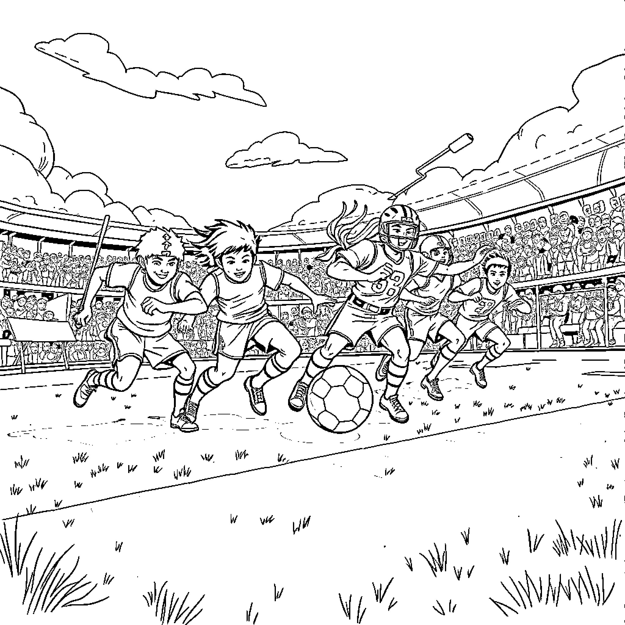 Football Players Competing with Intensity on the Field Coloring Page (free black-and-white line drawing printable PDF for all, from beginners to advanced learners, including children, teens, adults, and seniors)