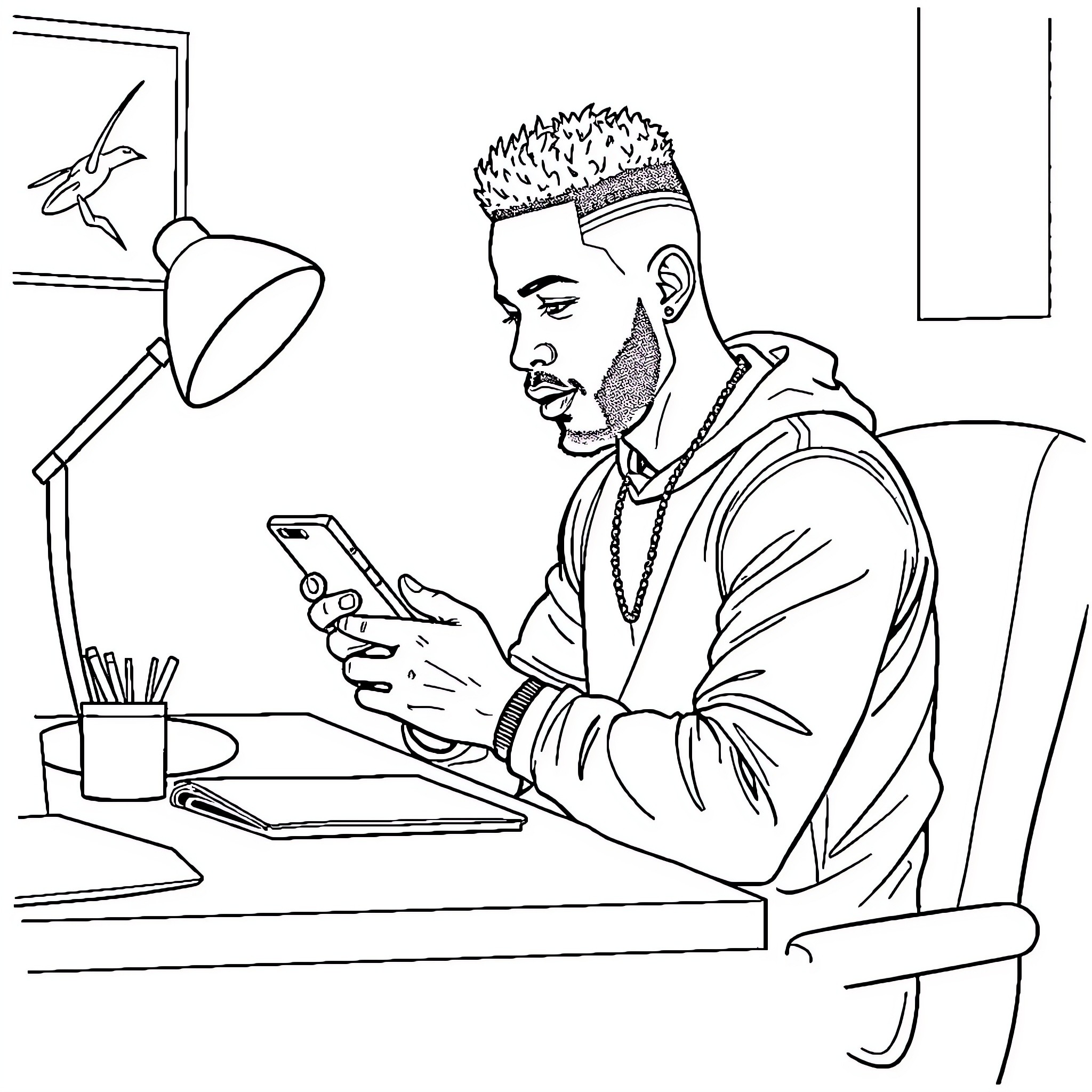Mbappe working diligently on his mobile device Coloring Page (free black-and-white line drawing printable PDF for all, from beginners to advanced learners, including children, teens, adults, and seniors)