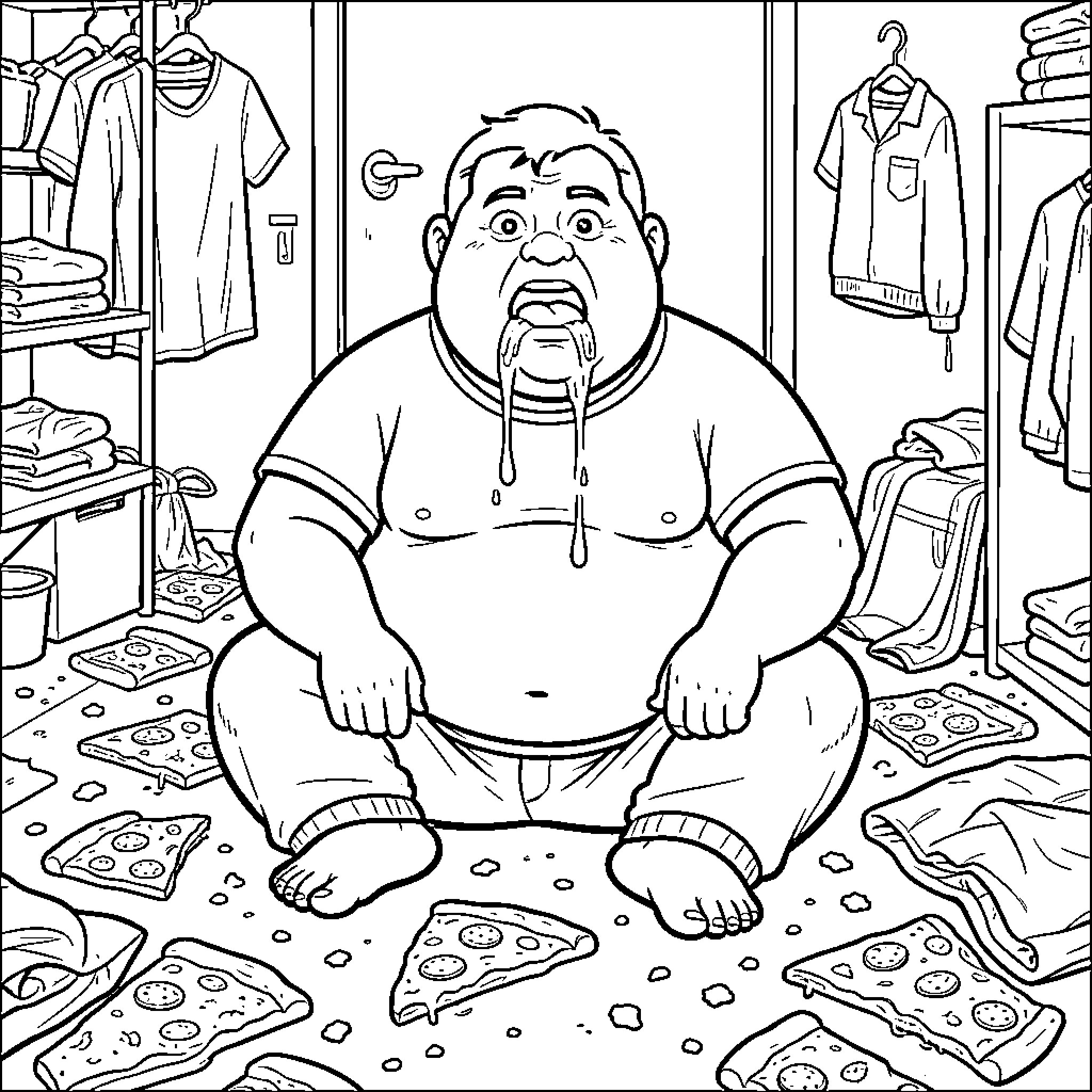 Guy indulging in a pizza feast in a cluttered room Coloring Page (free black-and-white line drawing printable PDF for all, from beginners to advanced learners, including children, teens, adults, and seniors)