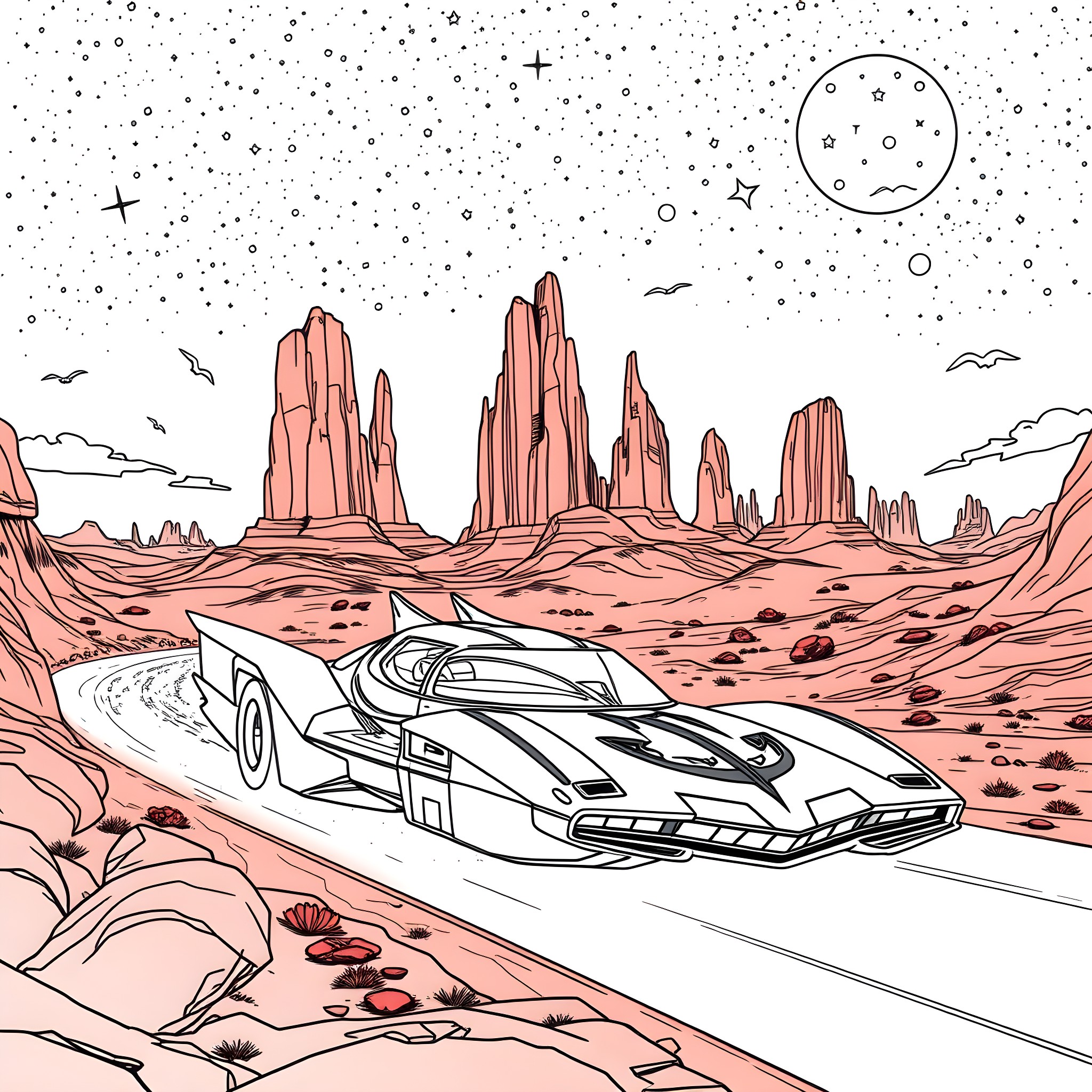 Batmobile traversing the otherworldly desert landscape Coloring Page (free black-and-white line drawing printable PDF for all, from beginners to advanced learners, including children, teens, adults, and seniors)