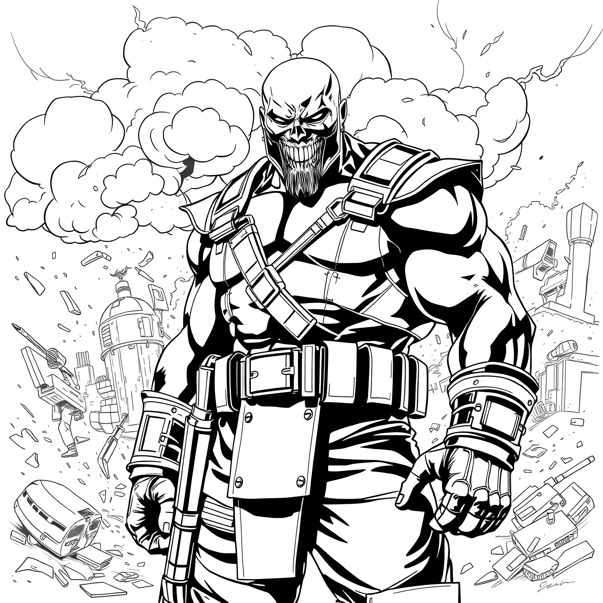 Nuke the Powerful Warrior in Urban Chaos Coloring Page (free black-and-white line drawing printable PDF for all, from beginners to advanced learners, including children, teens, adults, and seniors)